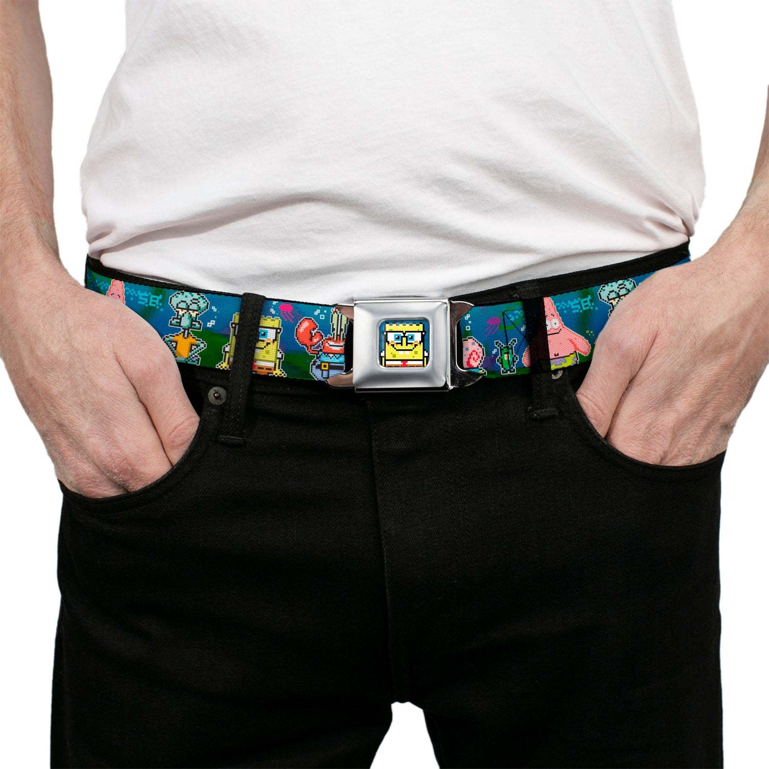 SpongeBob SquarePants Seatbelt Belt Pixelated Nerd Pose 8 - Bit Scene Webbing Full Color Blue - Paramount Shop