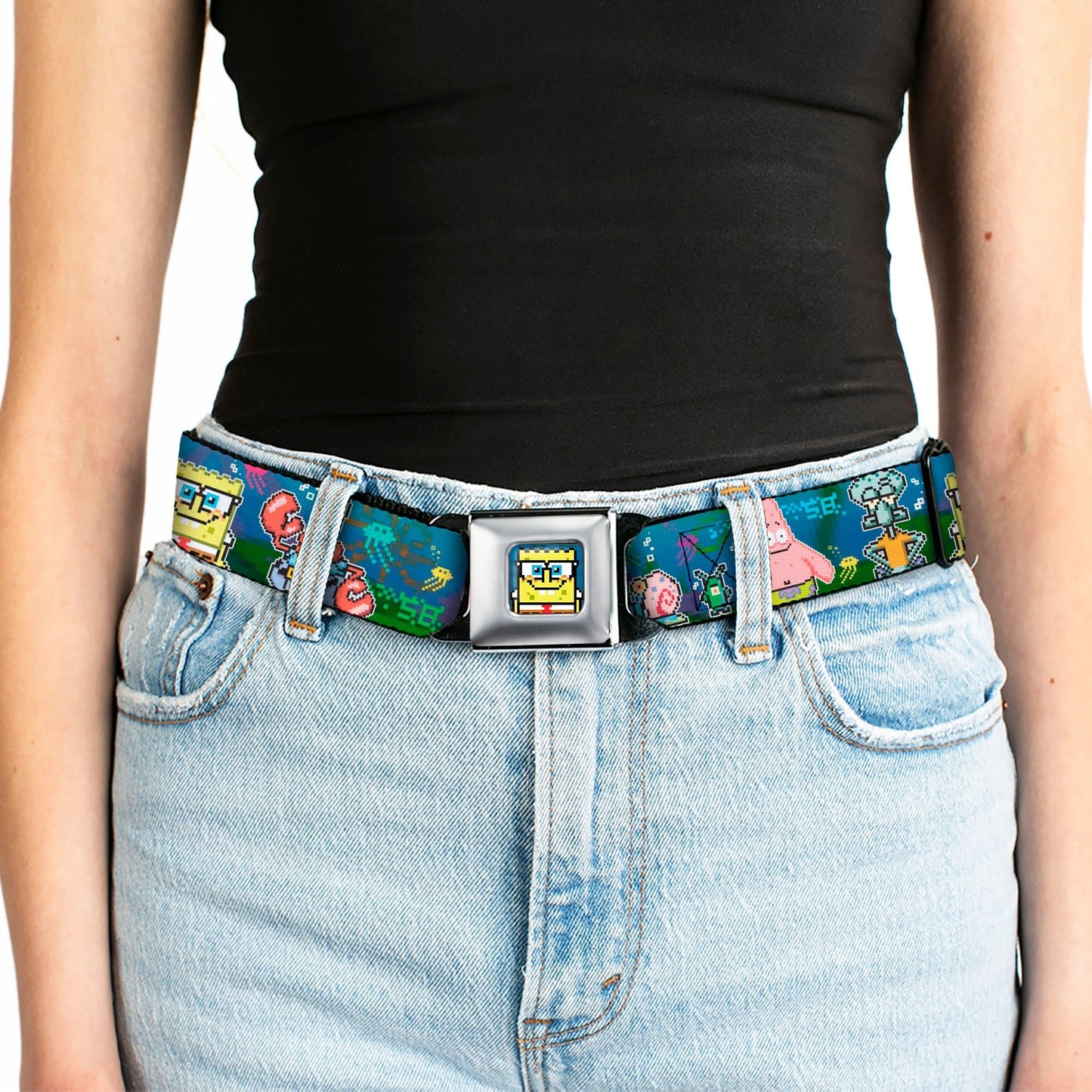 SpongeBob SquarePants Seatbelt Belt Pixelated Nerd Pose 8 - Bit Scene Webbing Full Color Blue - Paramount Shop