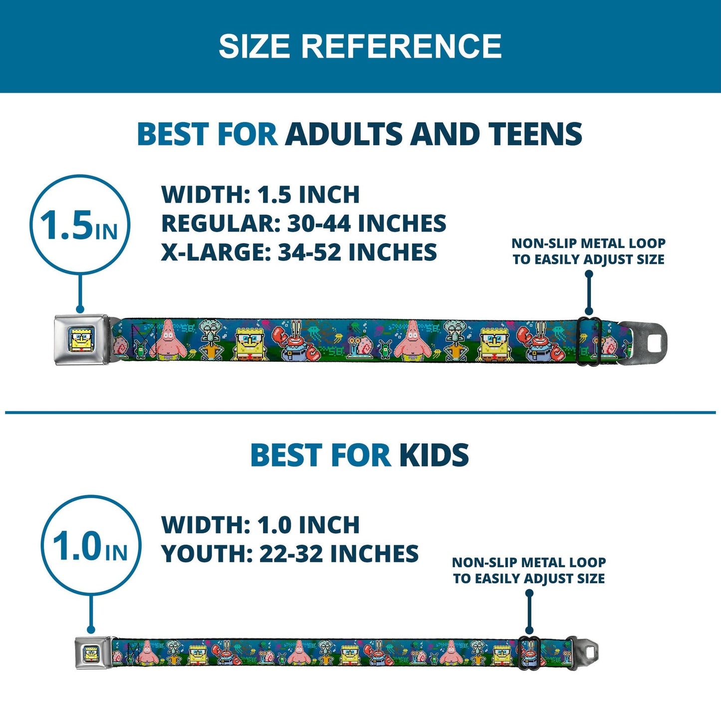 SpongeBob SquarePants Seatbelt Belt Pixelated Nerd Pose 8 - Bit Scene Webbing Full Color Blue - Paramount Shop