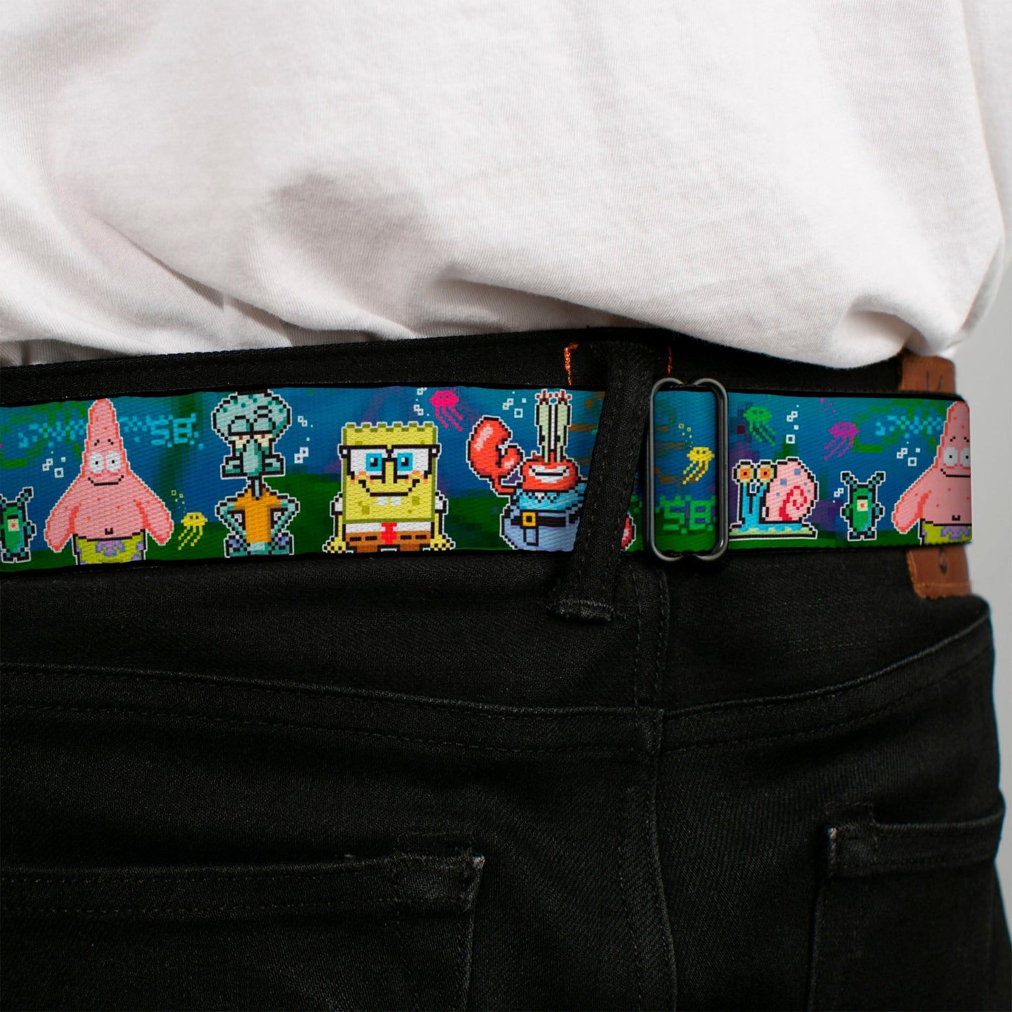 SpongeBob SquarePants Seatbelt Belt Pixelated Nerd Pose 8 - Bit Scene Webbing Full Color Blue - Paramount Shop