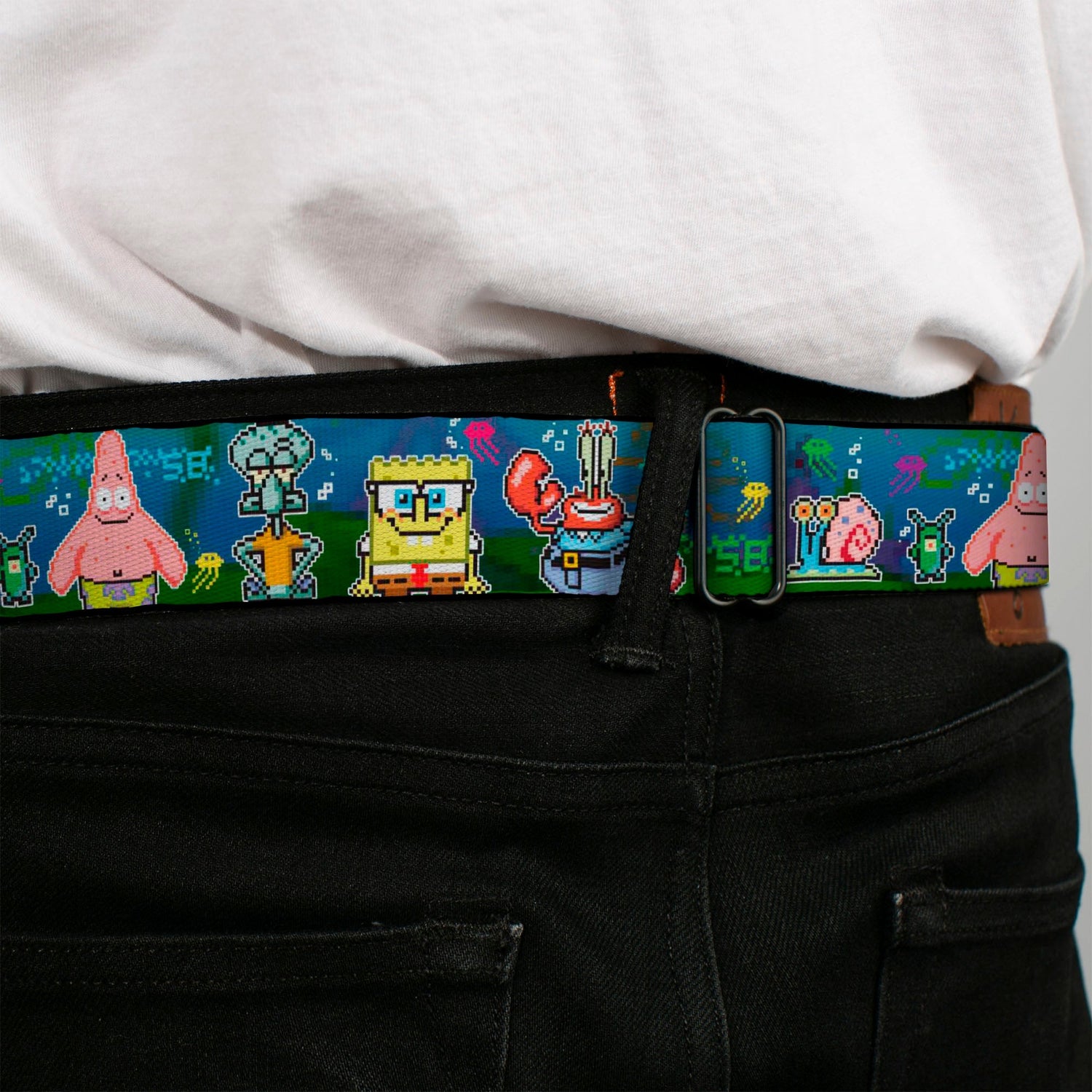 SpongeBob SquarePants Seatbelt Belt Pixelated Nerd Pose 8 - Bit Scene Webbing Full Color Blue - Paramount Shop