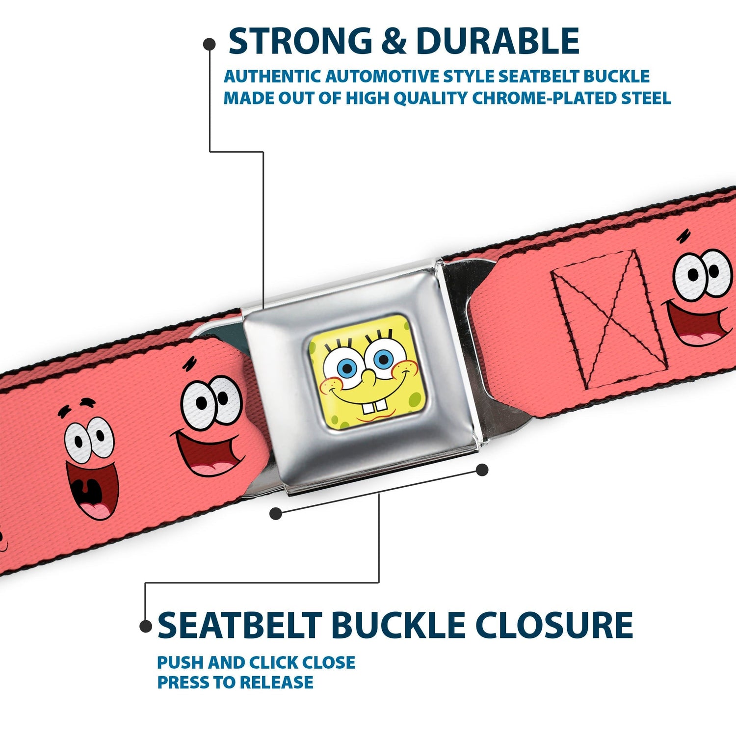 SpongeBob SquarePants Seatbelt Belt SpongeBob Face Close - Up Patrick Expressions Full Color Pink - Paramount Shop