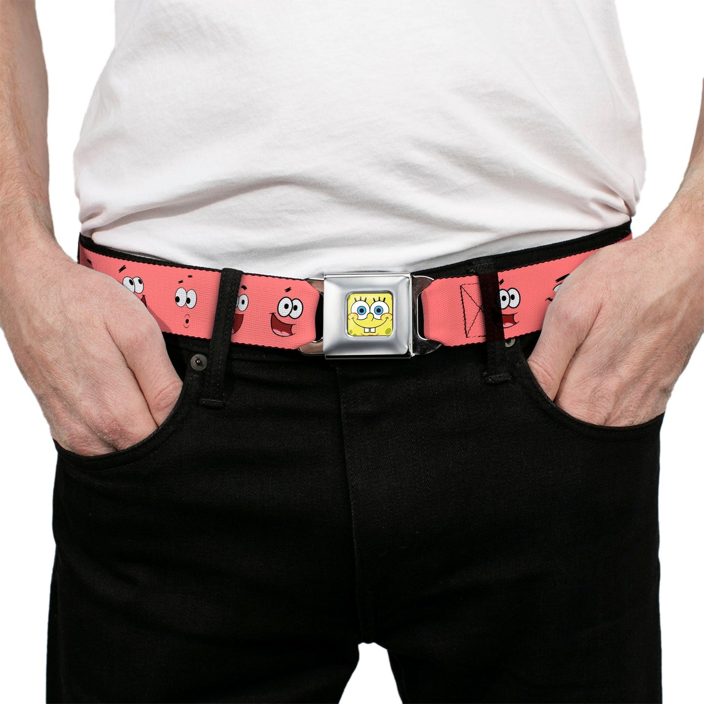 SpongeBob SquarePants Seatbelt Belt SpongeBob Face Close - Up Patrick Expressions Full Color Pink - Paramount Shop