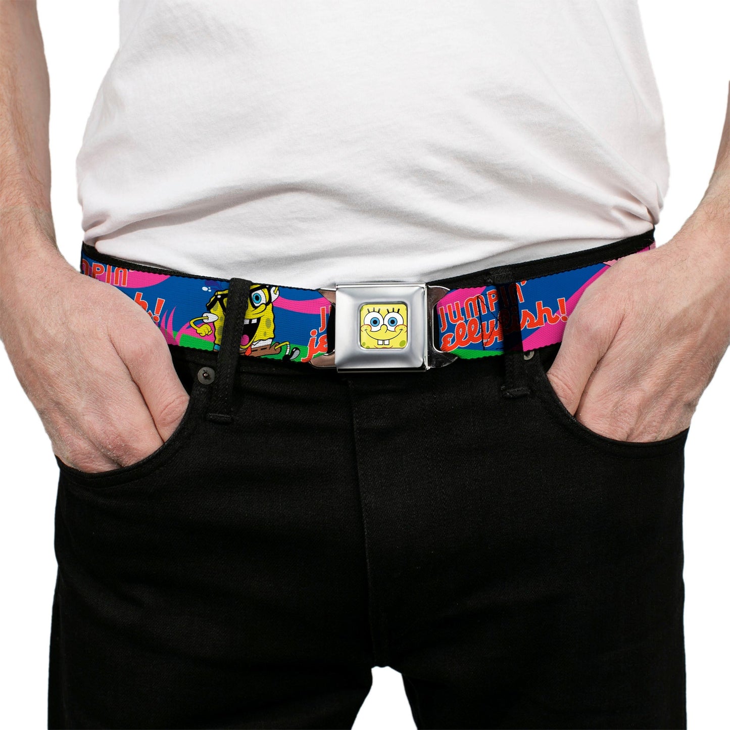SpongeBob SquarePants Seatbelt Belt SpongeBob Face Close - Up & Patrick Jellyfish Run Multi - Color Red Webbing Adult - Paramount Shop
