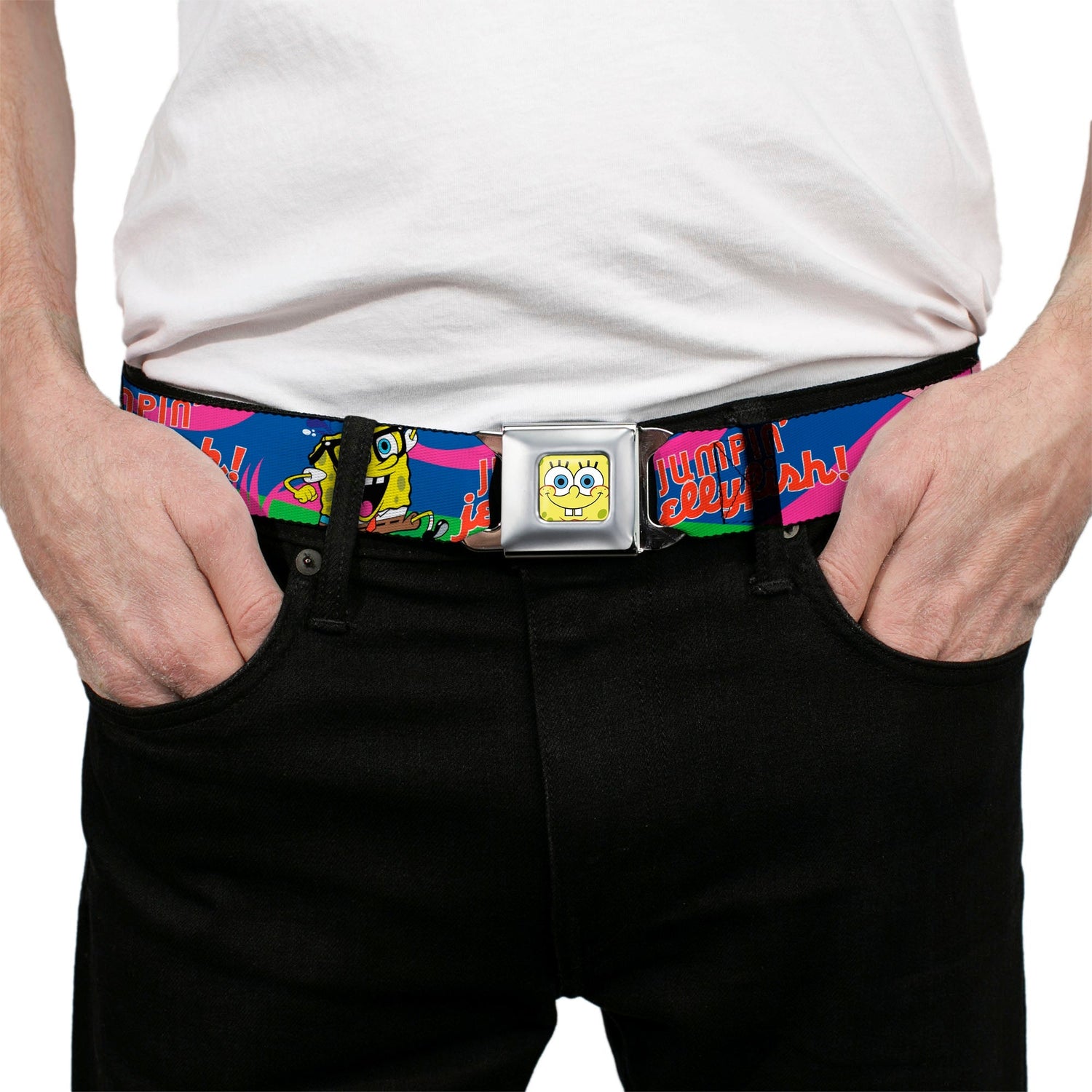 SpongeBob SquarePants Seatbelt Belt SpongeBob Face Close - Up & Patrick Jellyfish Run Multi - Color Red Webbing Adult - Paramount Shop