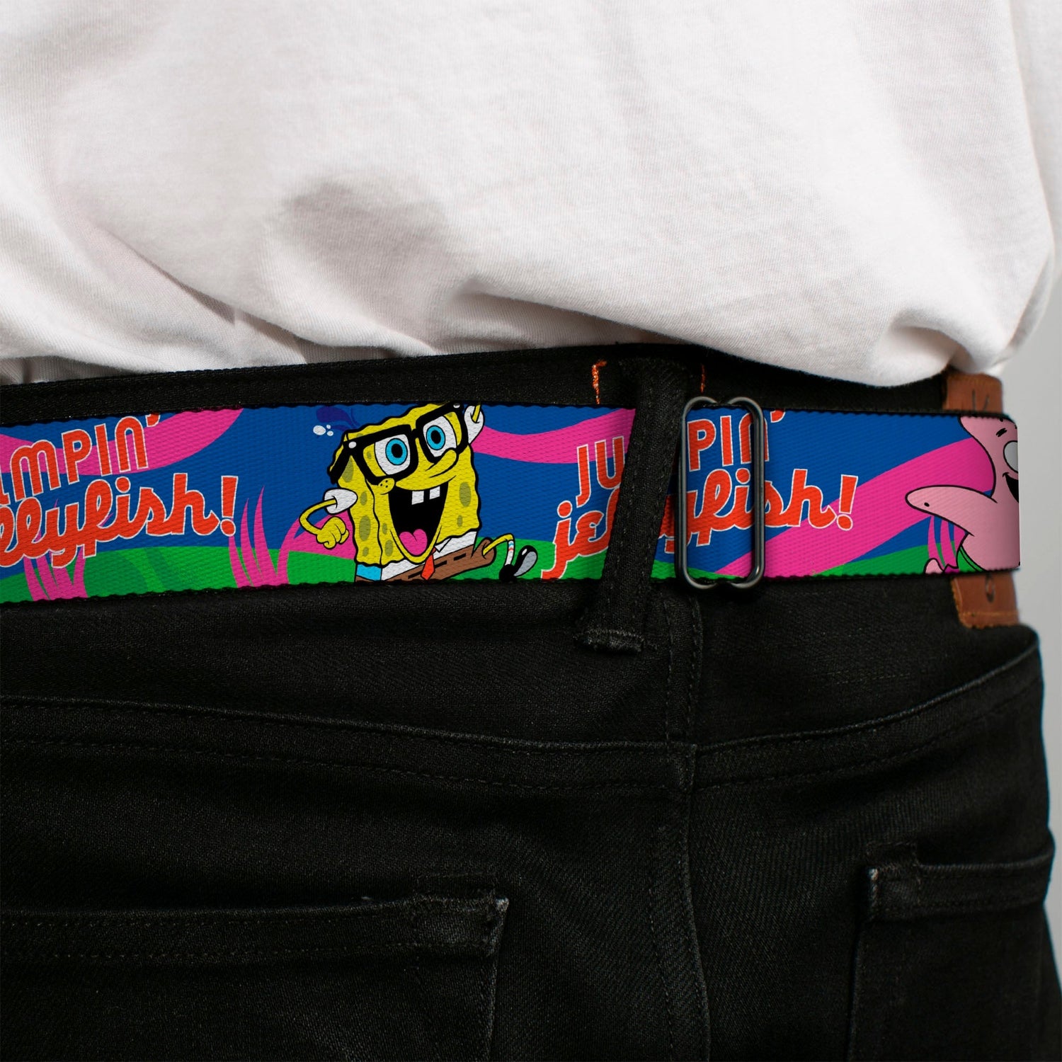 SpongeBob SquarePants Seatbelt Belt SpongeBob Face Close - Up & Patrick Jellyfish Run Multi - Color Red Webbing Adult - Paramount Shop
