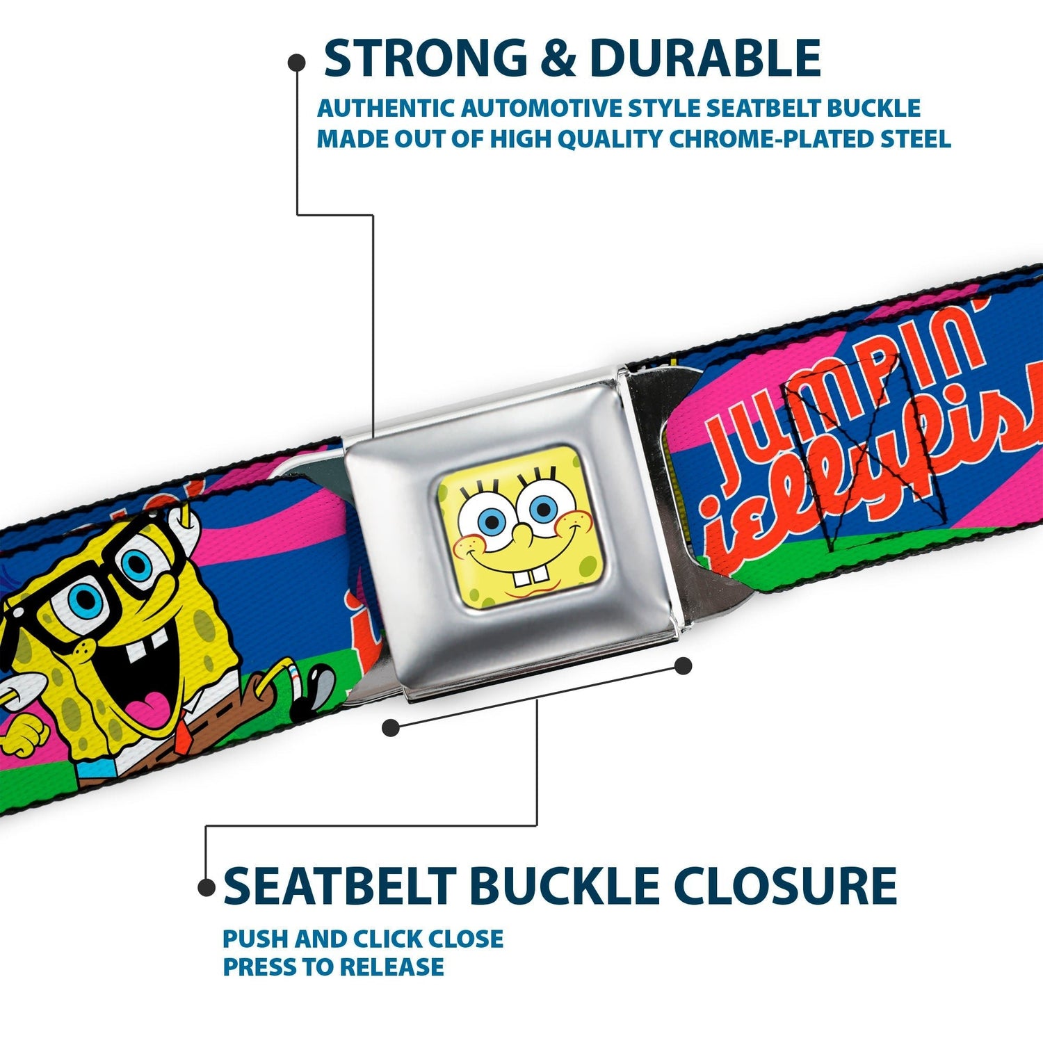 SpongeBob SquarePants Seatbelt Belt SpongeBob Face Close - Up & Patrick Jellyfish Run Multi - Color Red Webbing Adult - Paramount Shop