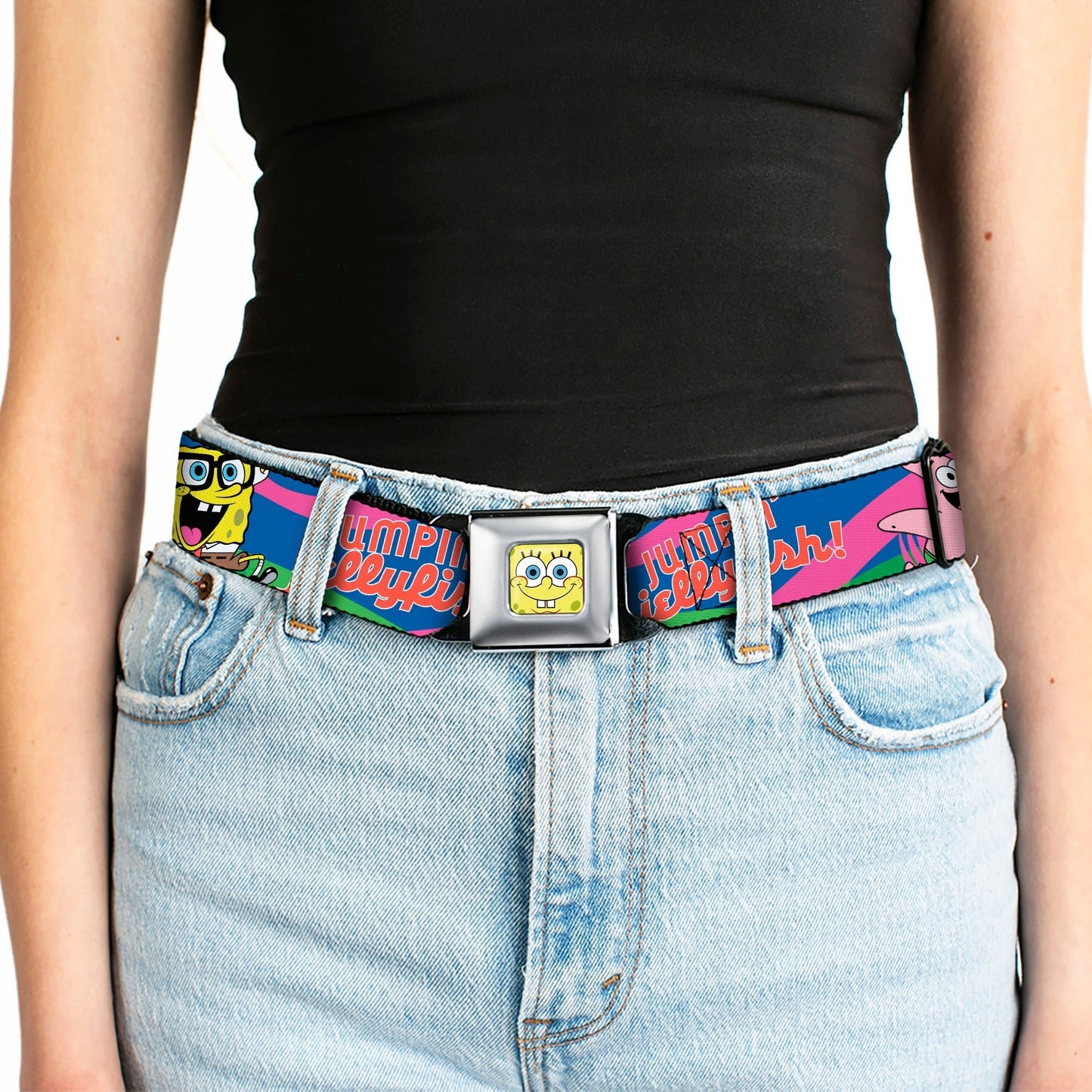 SpongeBob SquarePants Seatbelt Belt SpongeBob Face Close - Up & Patrick Jellyfish Run Multi - Color Red Webbing Adult - Paramount Shop