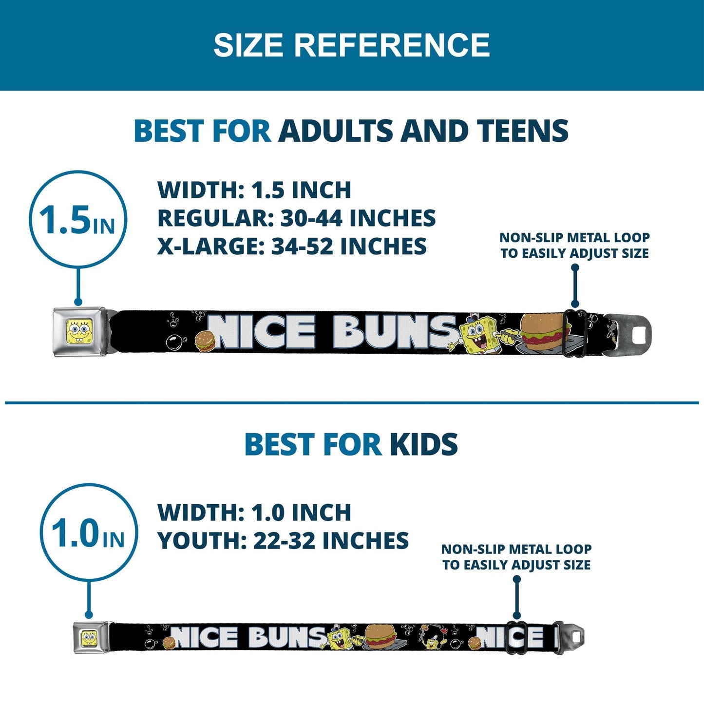 SpongeBob SquarePants Seatbelt Belt SpongeBob Face & Krabby Patty Full Color Buckle - Down - Paramount Shop