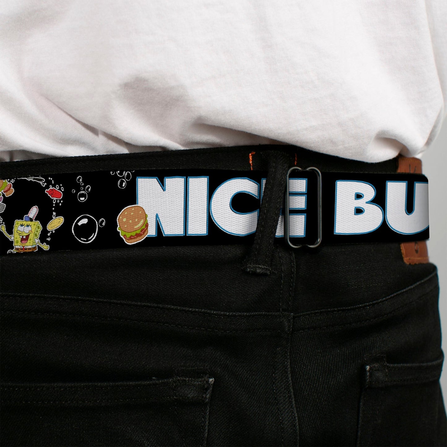SpongeBob SquarePants Seatbelt Belt SpongeBob Face & Krabby Patty Full Color Buckle - Down - Paramount Shop