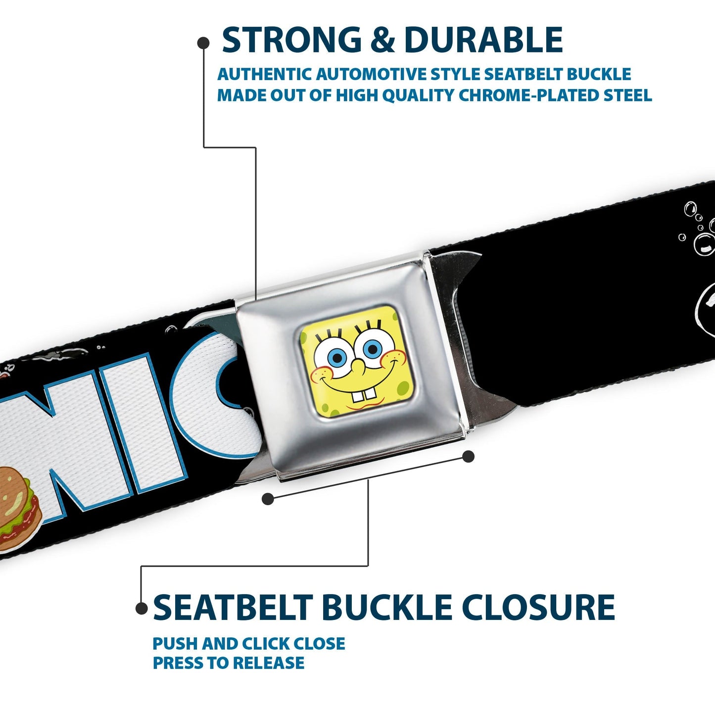 SpongeBob SquarePants Seatbelt Belt SpongeBob Face & Krabby Patty Full Color Buckle - Down - Paramount Shop
