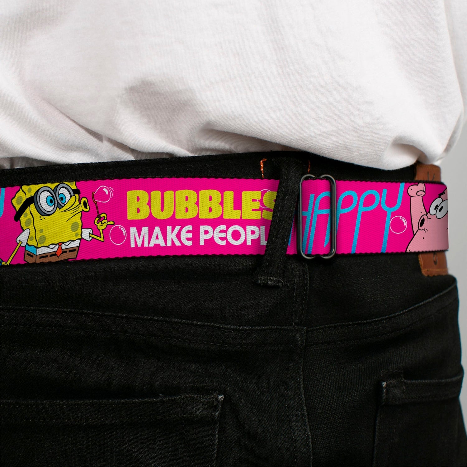 SpongeBob SquarePants Seatbelt Belt SpongeBob Face & Patrick Starfish Design Buckle - Down Pink Yellow Blue - Paramount Shop