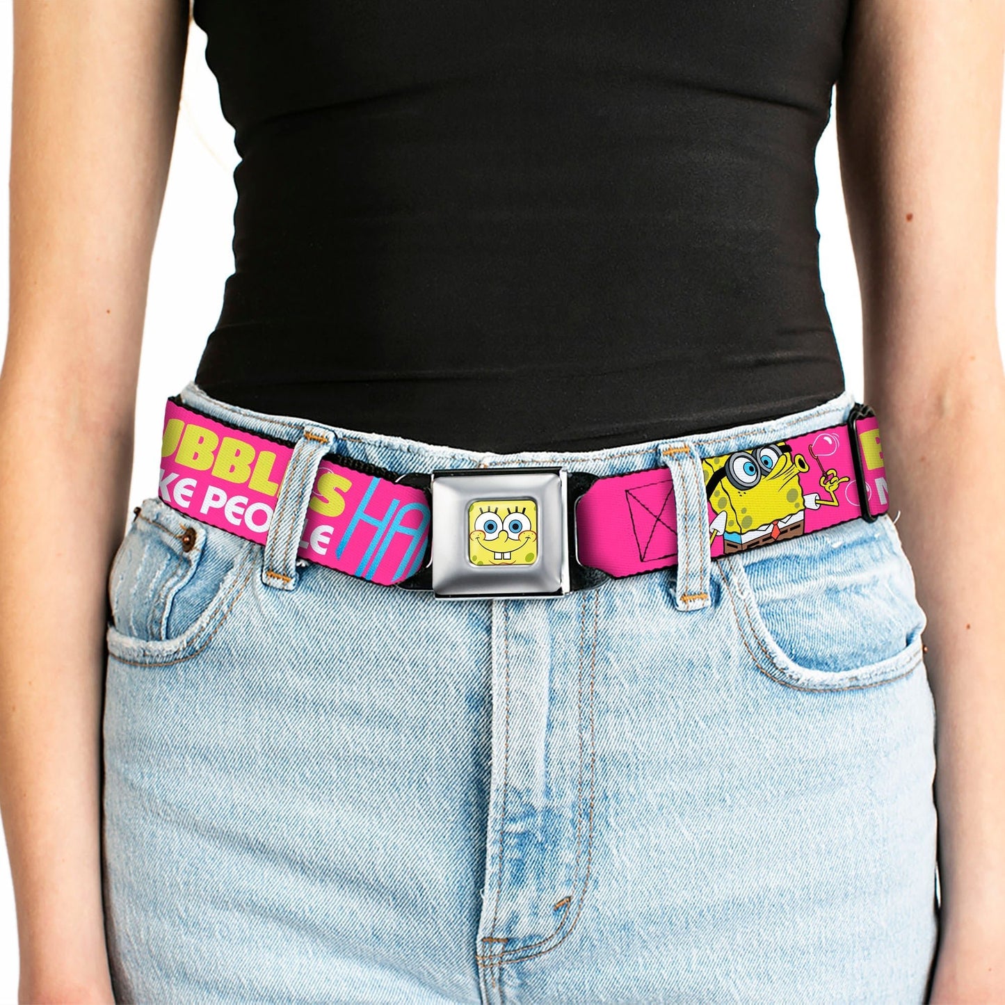 SpongeBob SquarePants Seatbelt Belt SpongeBob Face & Patrick Starfish Design Buckle - Down Pink Yellow Blue - Paramount Shop