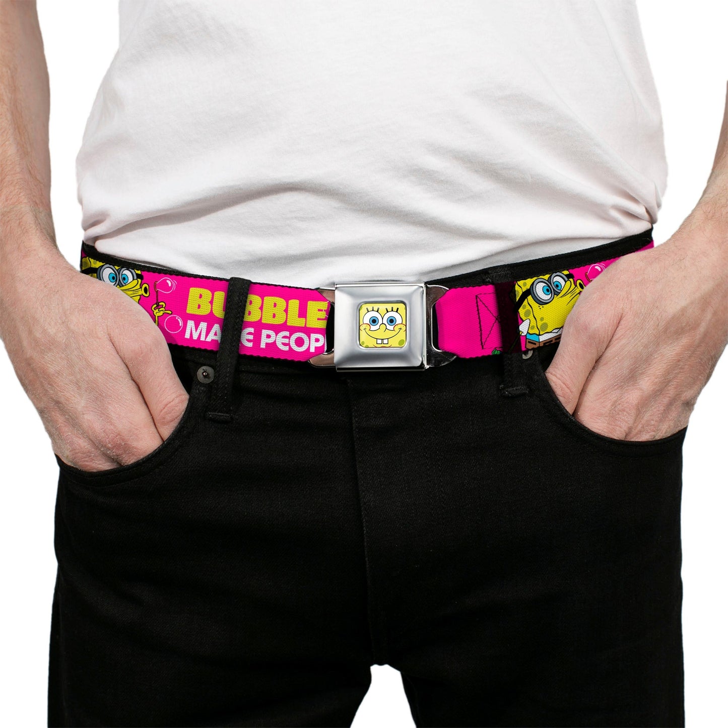 SpongeBob SquarePants Seatbelt Belt SpongeBob Face & Patrick Starfish Design Buckle - Down Pink Yellow Blue - Paramount Shop