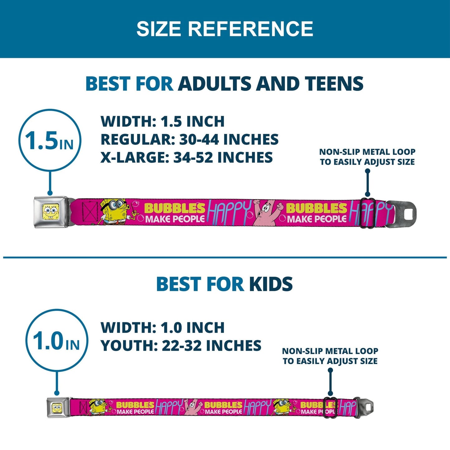 SpongeBob SquarePants Seatbelt Belt SpongeBob Face & Patrick Starfish Design Buckle - Down Pink Yellow Blue - Paramount Shop