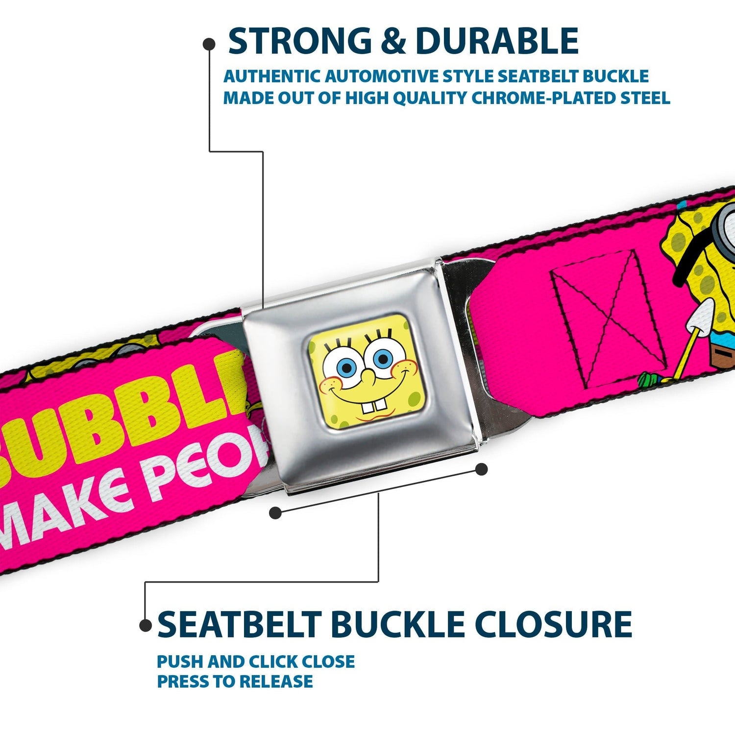 SpongeBob SquarePants Seatbelt Belt SpongeBob Face & Patrick Starfish Design Buckle - Down Pink Yellow Blue - Paramount Shop