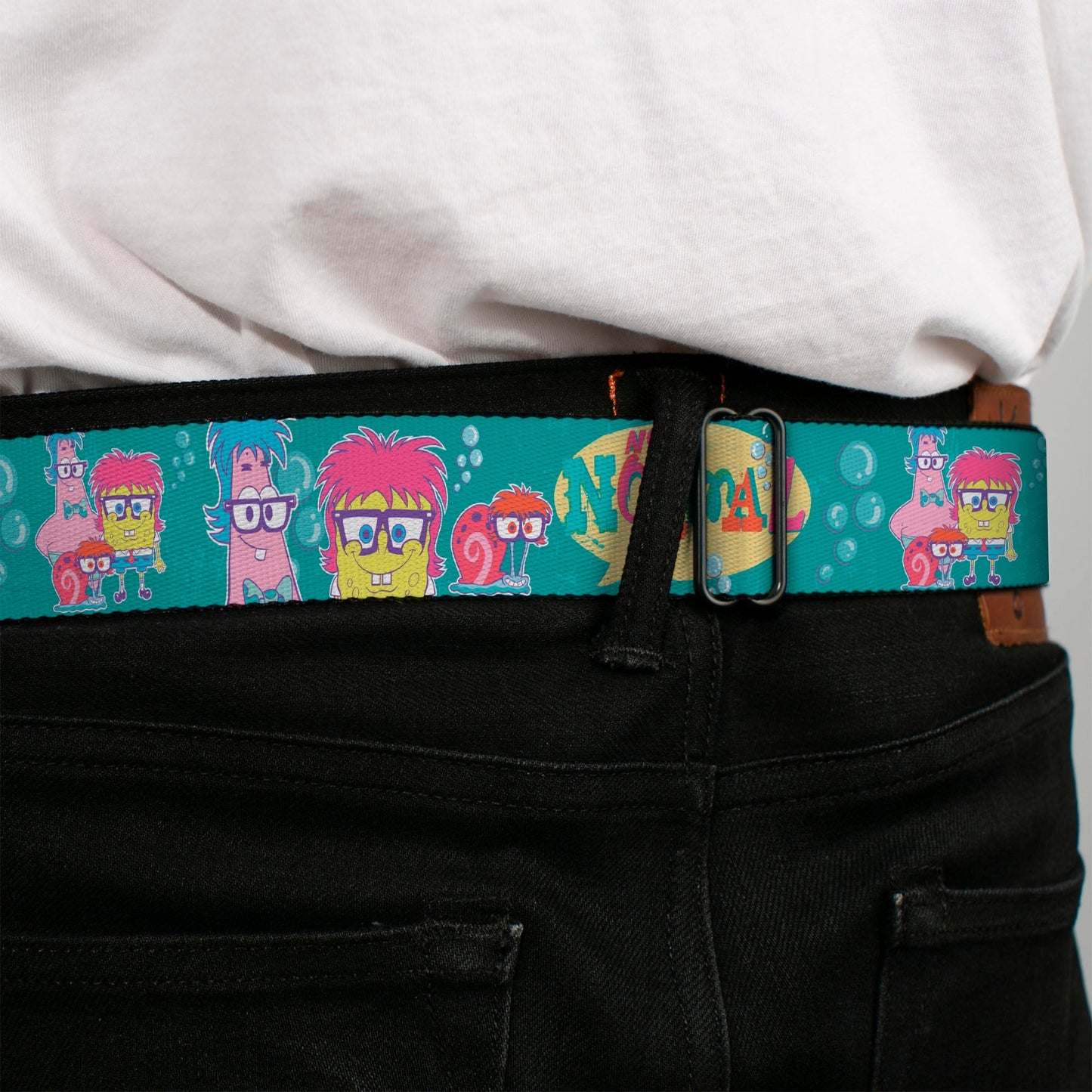 SpongeBob SquarePants Seatbelt Belt SpongeBob & Friends Close - Up Faces Full Color Aqua - Paramount Shop