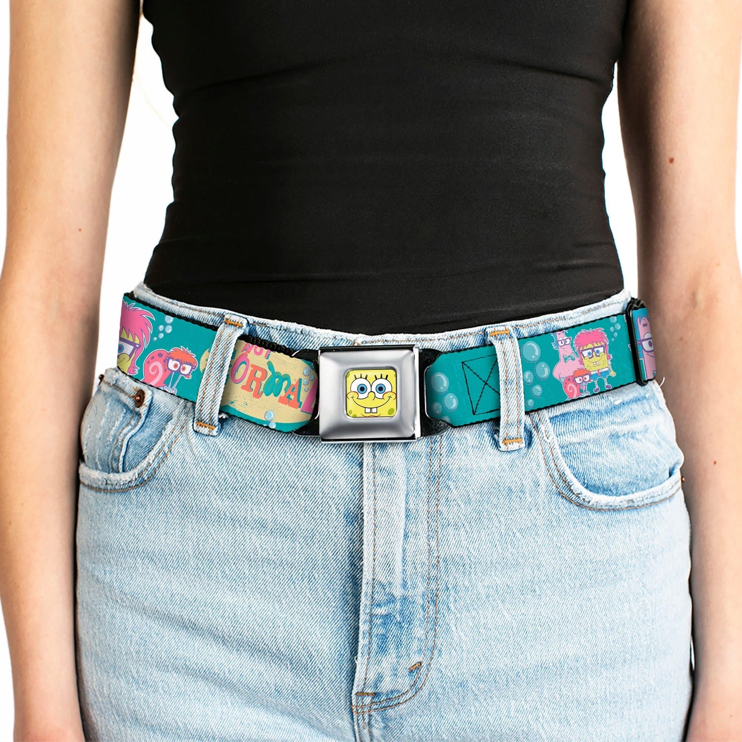 SpongeBob SquarePants Seatbelt Belt SpongeBob & Friends Close - Up Faces Full Color Aqua - Paramount Shop