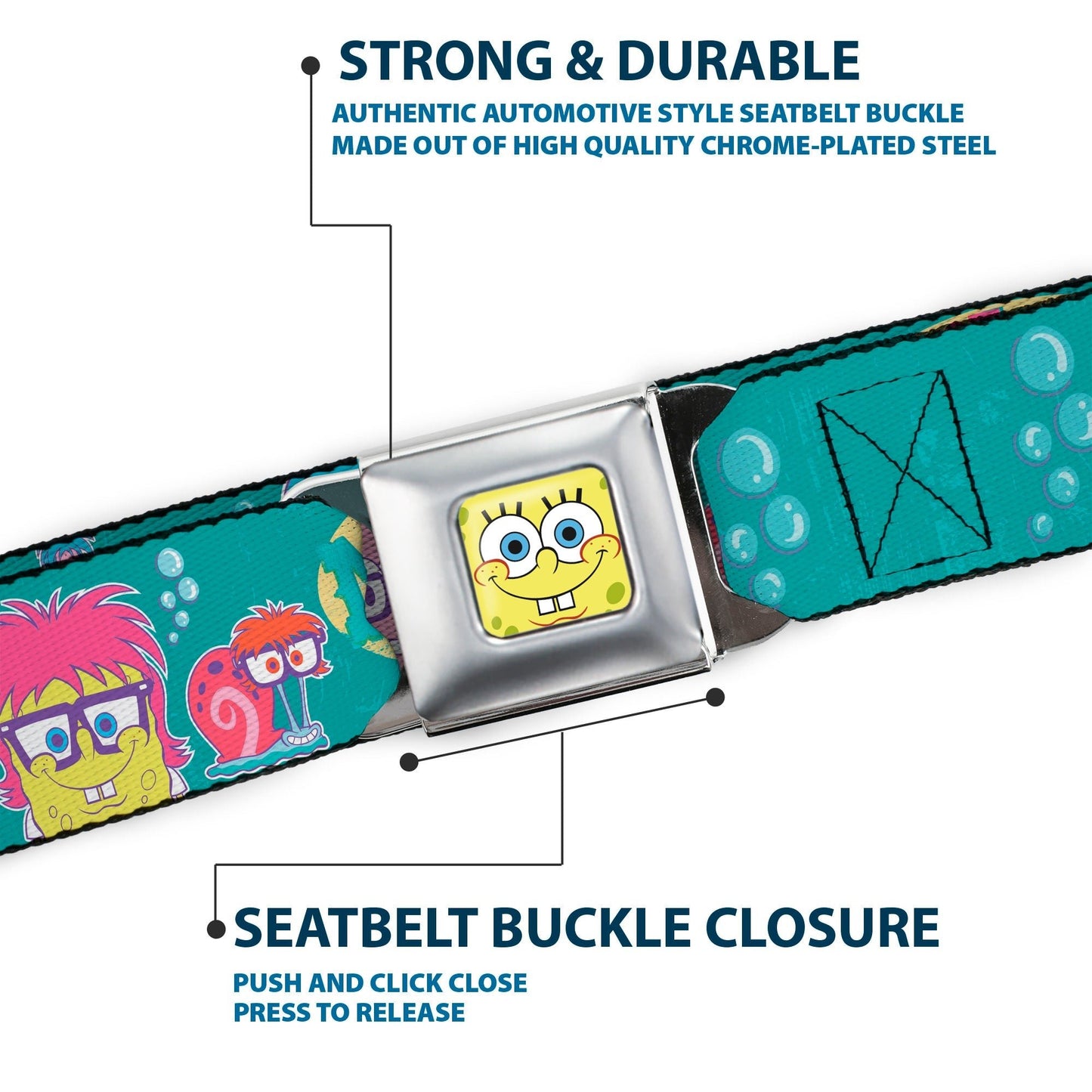 SpongeBob SquarePants Seatbelt Belt SpongeBob & Friends Close - Up Faces Full Color Aqua - Paramount Shop