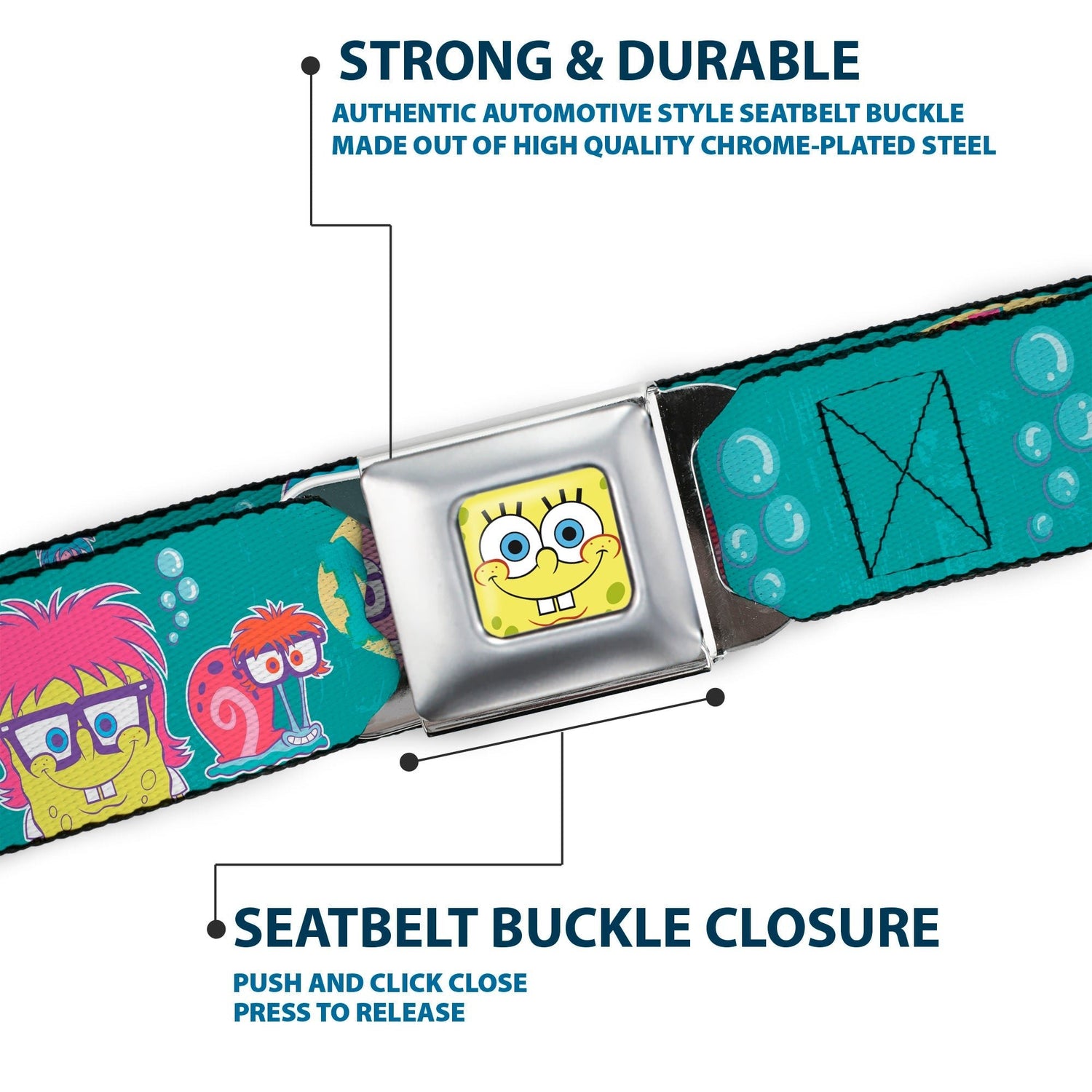 SpongeBob SquarePants Seatbelt Belt SpongeBob & Friends Close - Up Faces Full Color Aqua - Paramount Shop