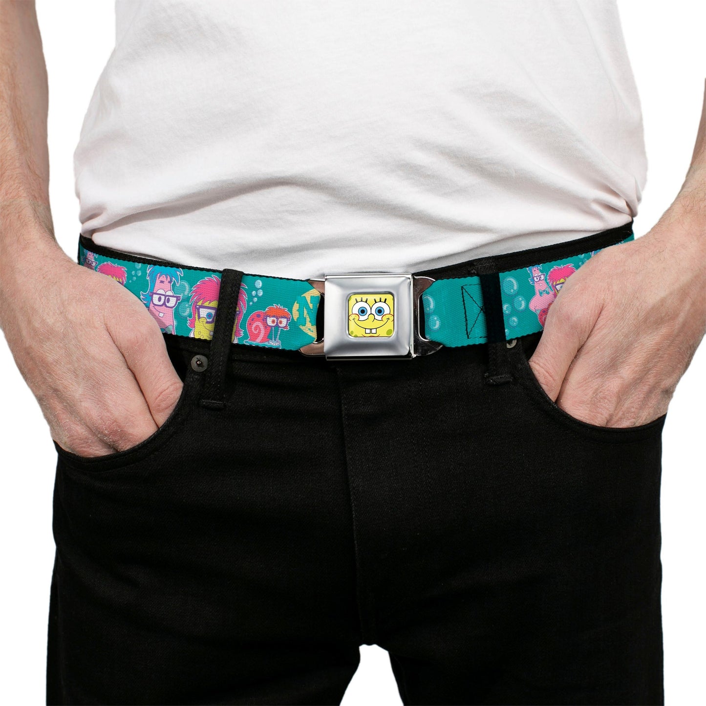 SpongeBob SquarePants Seatbelt Belt SpongeBob & Friends Close - Up Faces Full Color Aqua - Paramount Shop