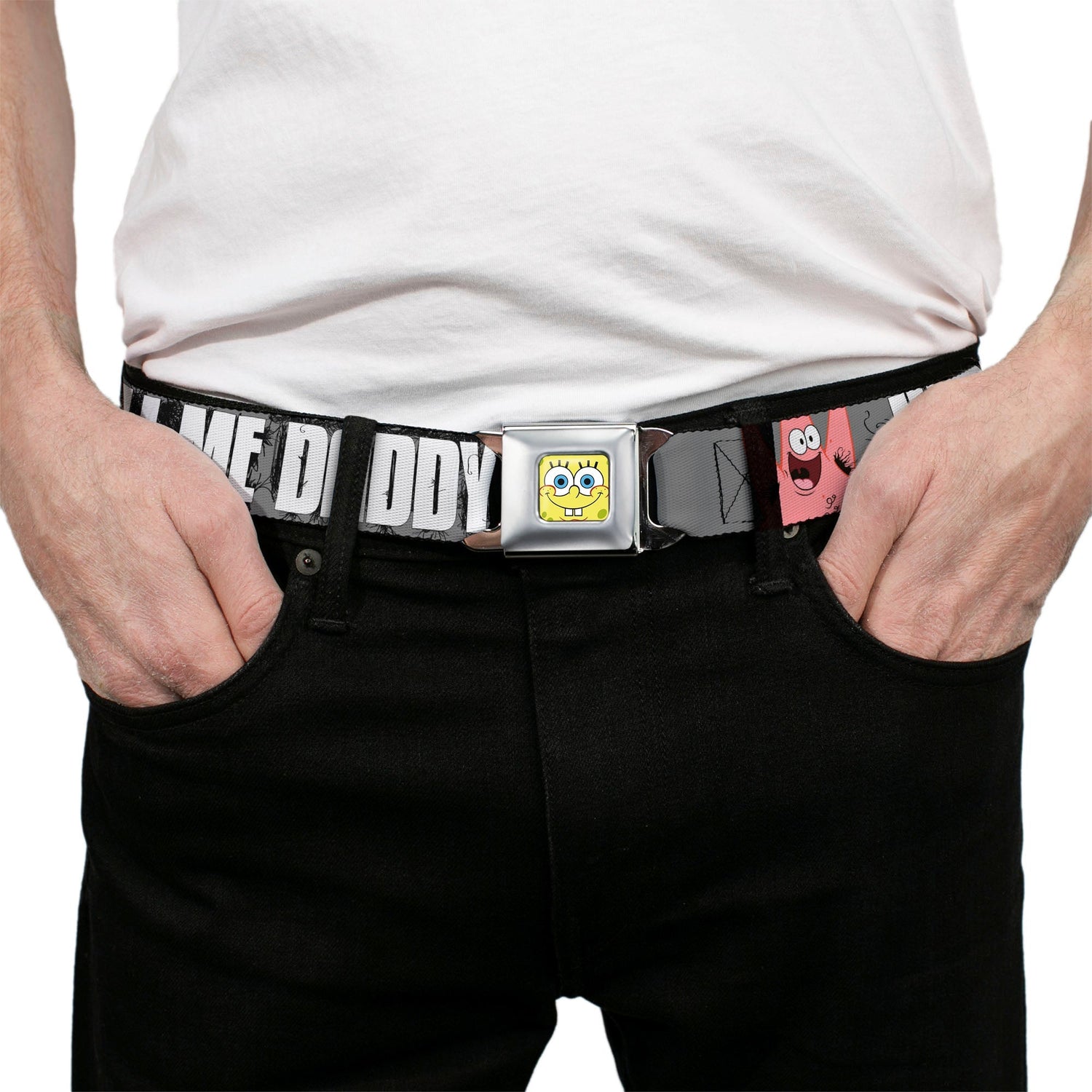 SpongeBob SquarePants Seatbelt Belt SpongeBob & Patrick Faces Full Color Gray/Black/White. - Paramount Shop