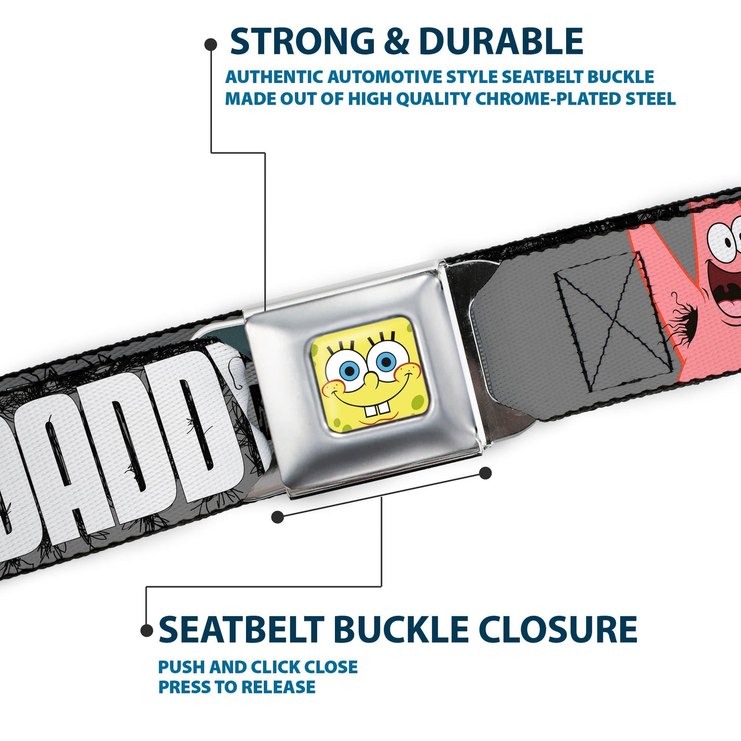 SpongeBob SquarePants Seatbelt Belt SpongeBob & Patrick Faces Full Color Gray/Black/White. - Paramount Shop