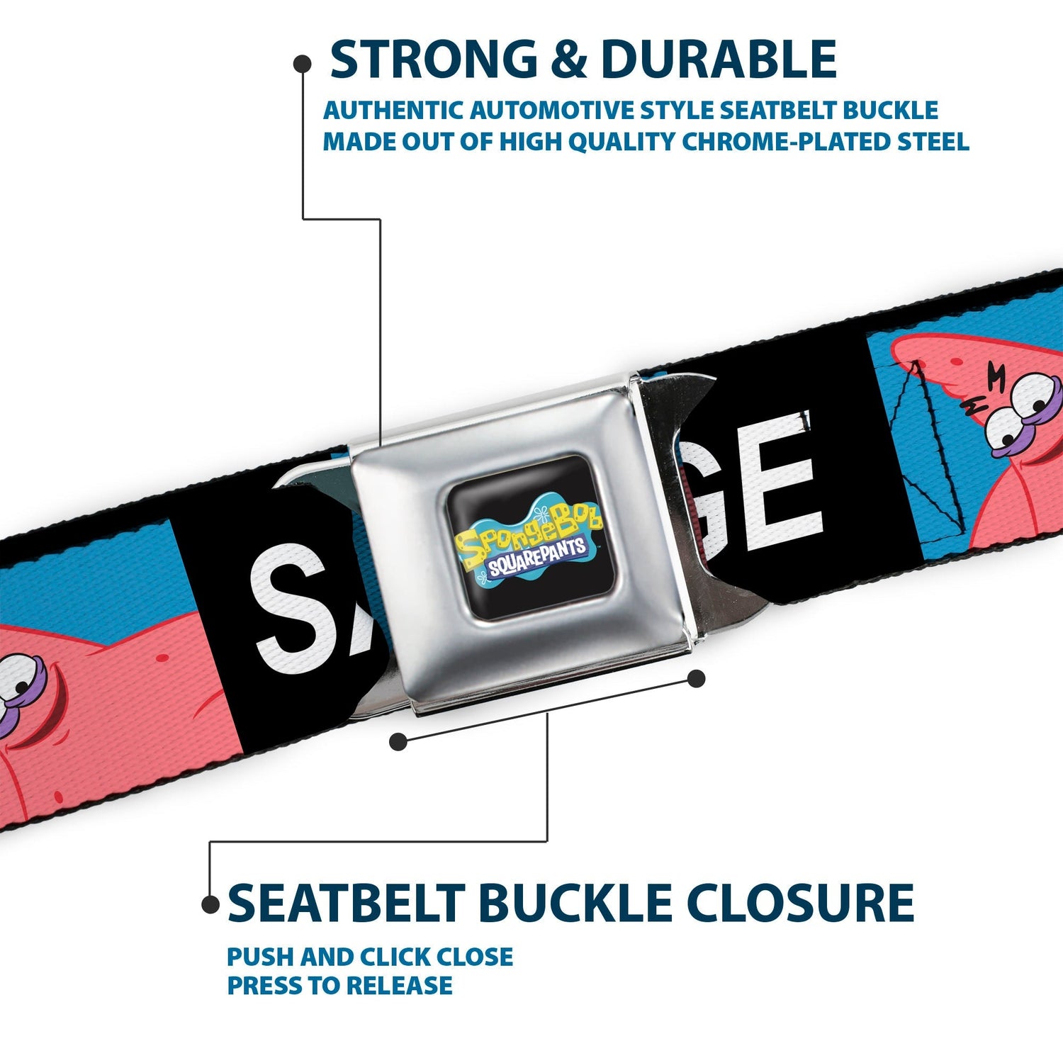 SpongeBob SquarePants Seatbelt Belt SpongeBob Patrick Star SAVAGE Pose Block Full Color Black/Blues 1.5 Inch - Paramount Shop