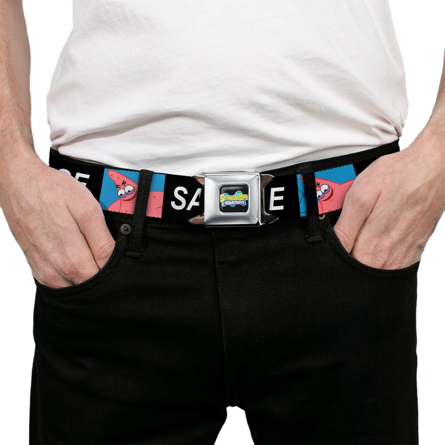 SpongeBob SquarePants Seatbelt Belt SpongeBob Patrick Star SAVAGE Pose Block Full Color Black/Blues 1.5 Inch - Paramount Shop