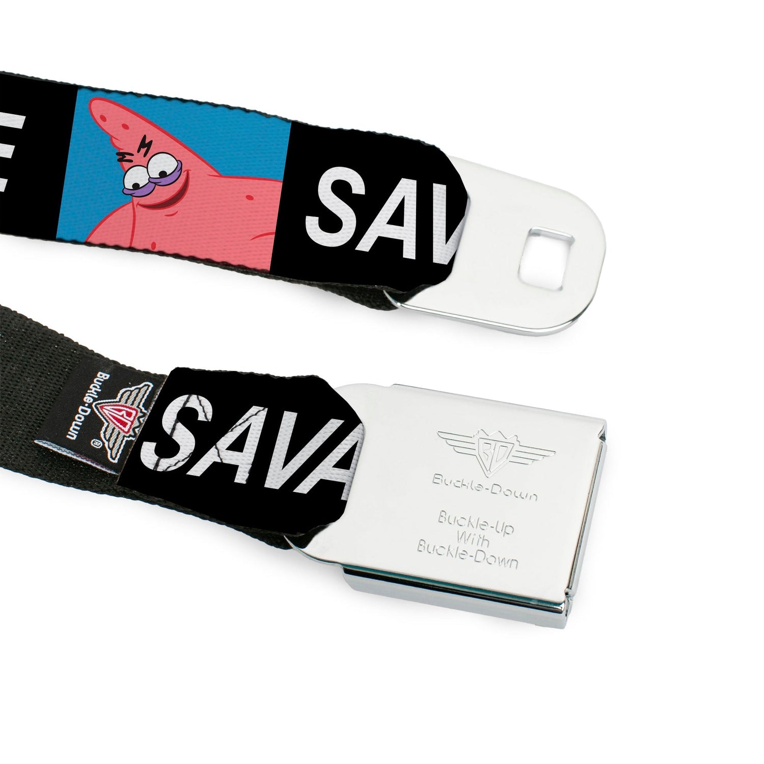 SpongeBob SquarePants Seatbelt Belt SpongeBob Patrick Star SAVAGE Pose Block Full Color Black/Blues 1.5 Inch - Paramount Shop