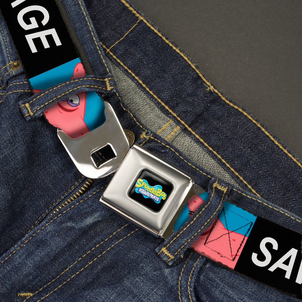 SpongeBob SquarePants Seatbelt Belt SpongeBob Patrick Star SAVAGE Pose Block Full Color Black/Blues 1.5 Inch - Paramount Shop