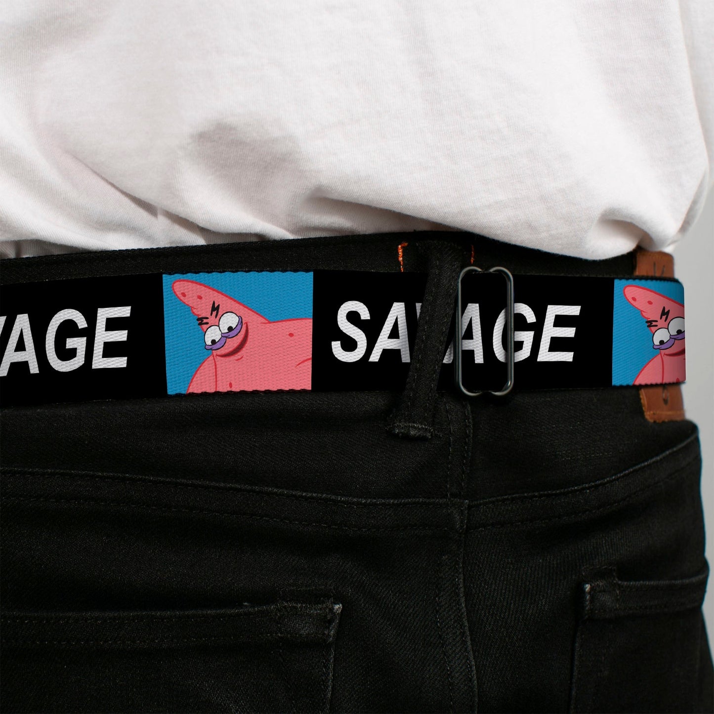 SpongeBob SquarePants Seatbelt Belt SpongeBob Patrick Star SAVAGE Pose Block Full Color Black/Blues 1.5 Inch - Paramount Shop