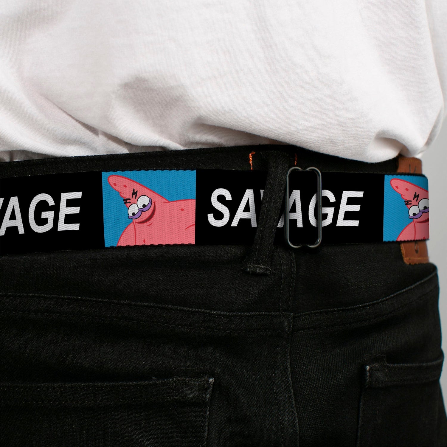 SpongeBob SquarePants Seatbelt Belt SpongeBob Patrick Star SAVAGE Pose Block Full Color Black/Blues 1.5 Inch - Paramount Shop