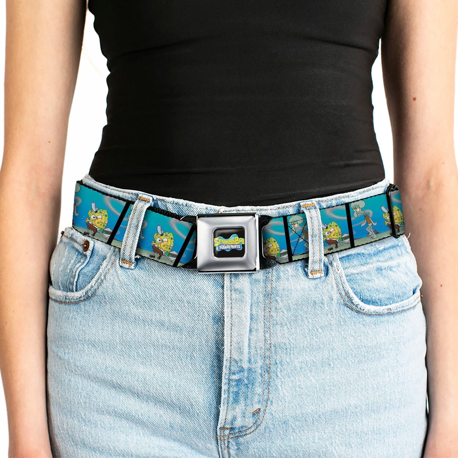 SpongeBob SquarePants Seatbelt Belt SpongeBob & Squidward Pizza Scene Black/Blue - Paramount Shop
