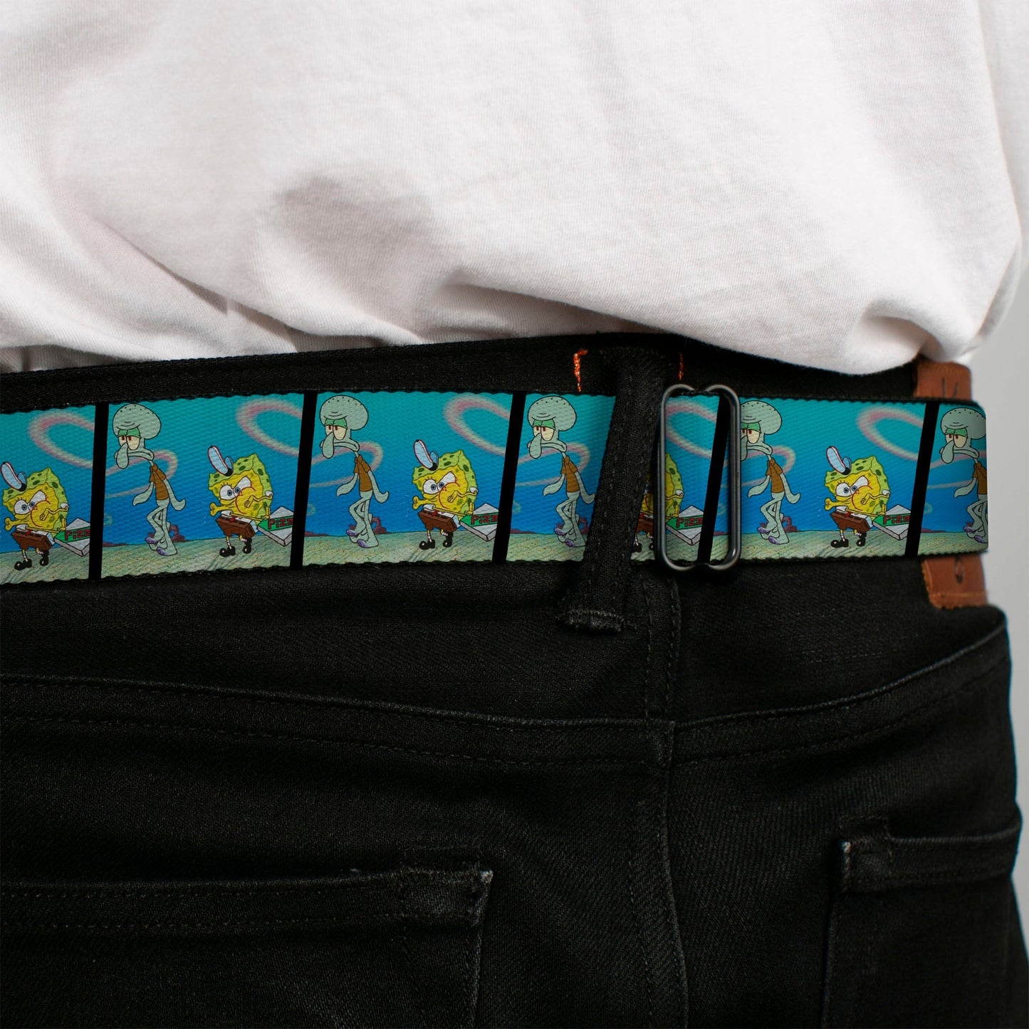 SpongeBob SquarePants Seatbelt Belt SpongeBob & Squidward Pizza Scene Black/Blue - Paramount Shop