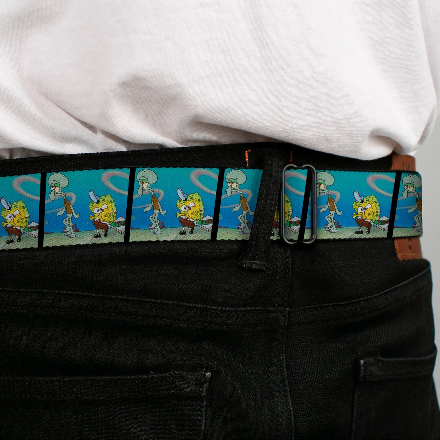 SpongeBob SquarePants Seatbelt Belt SpongeBob & Squidward Pizza Scene Black/Blue - Paramount Shop