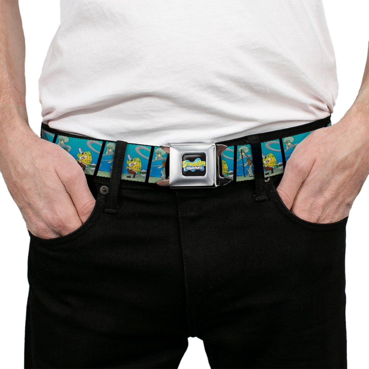 SpongeBob SquarePants Seatbelt Belt SpongeBob & Squidward Pizza Scene Black/Blue - Paramount Shop