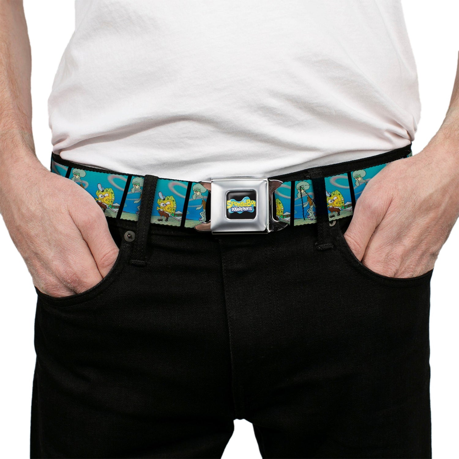 SpongeBob SquarePants Seatbelt Belt SpongeBob & Squidward Pizza Scene Black/Blue - Paramount Shop
