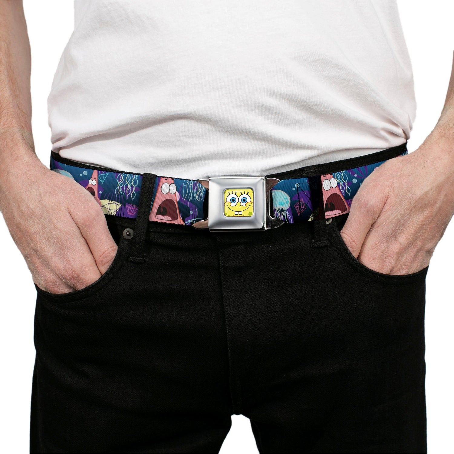 SpongeBob SquarePants Seatbelt Belt Surprised Patrick Starfish Jellyfish Webbing Full Color Blue Purple Pink - Paramount Shop
