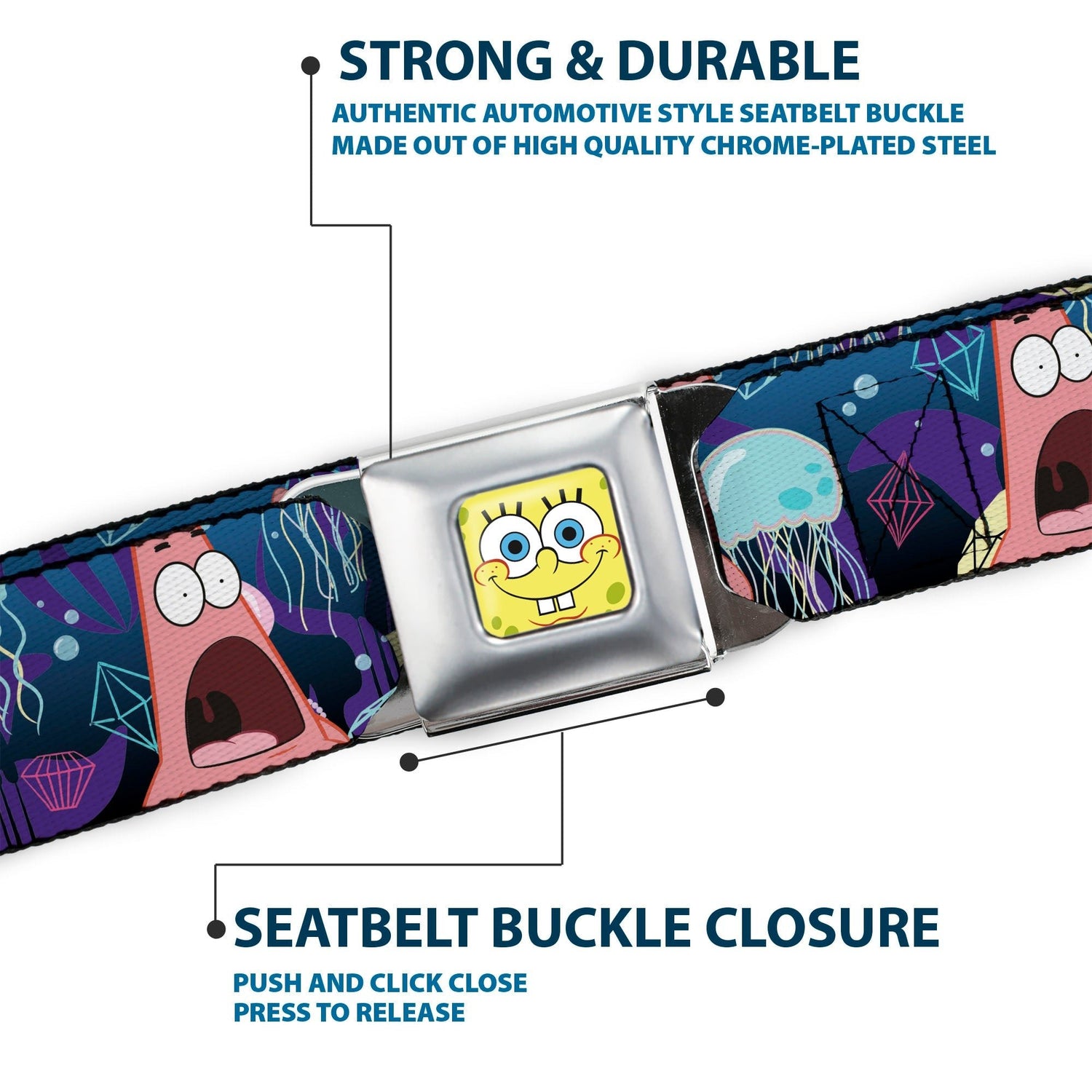 SpongeBob SquarePants Seatbelt Belt Surprised Patrick Starfish Jellyfish Webbing Full Color Blue Purple Pink - Paramount Shop