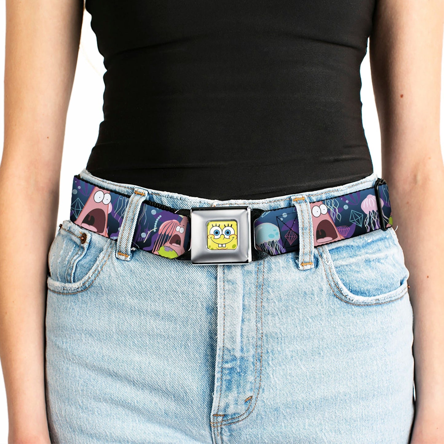 SpongeBob SquarePants Seatbelt Belt Surprised Patrick Starfish Jellyfish Webbing Full Color Blue Purple Pink - Paramount Shop