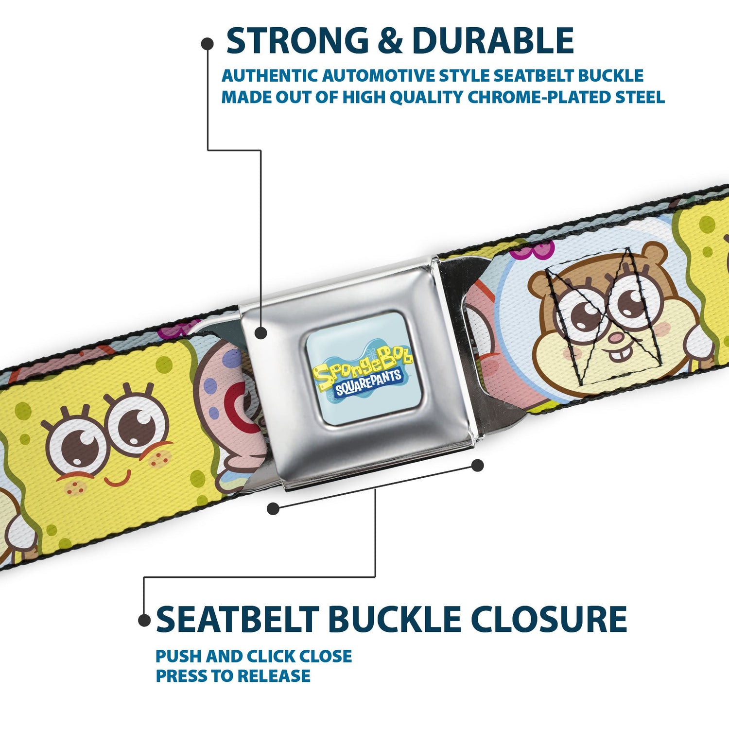 SpongeBob SquarePants Seatbelt Belt Title Logo & Friends Faces Full Color Light Blue Webbing - Paramount Shop