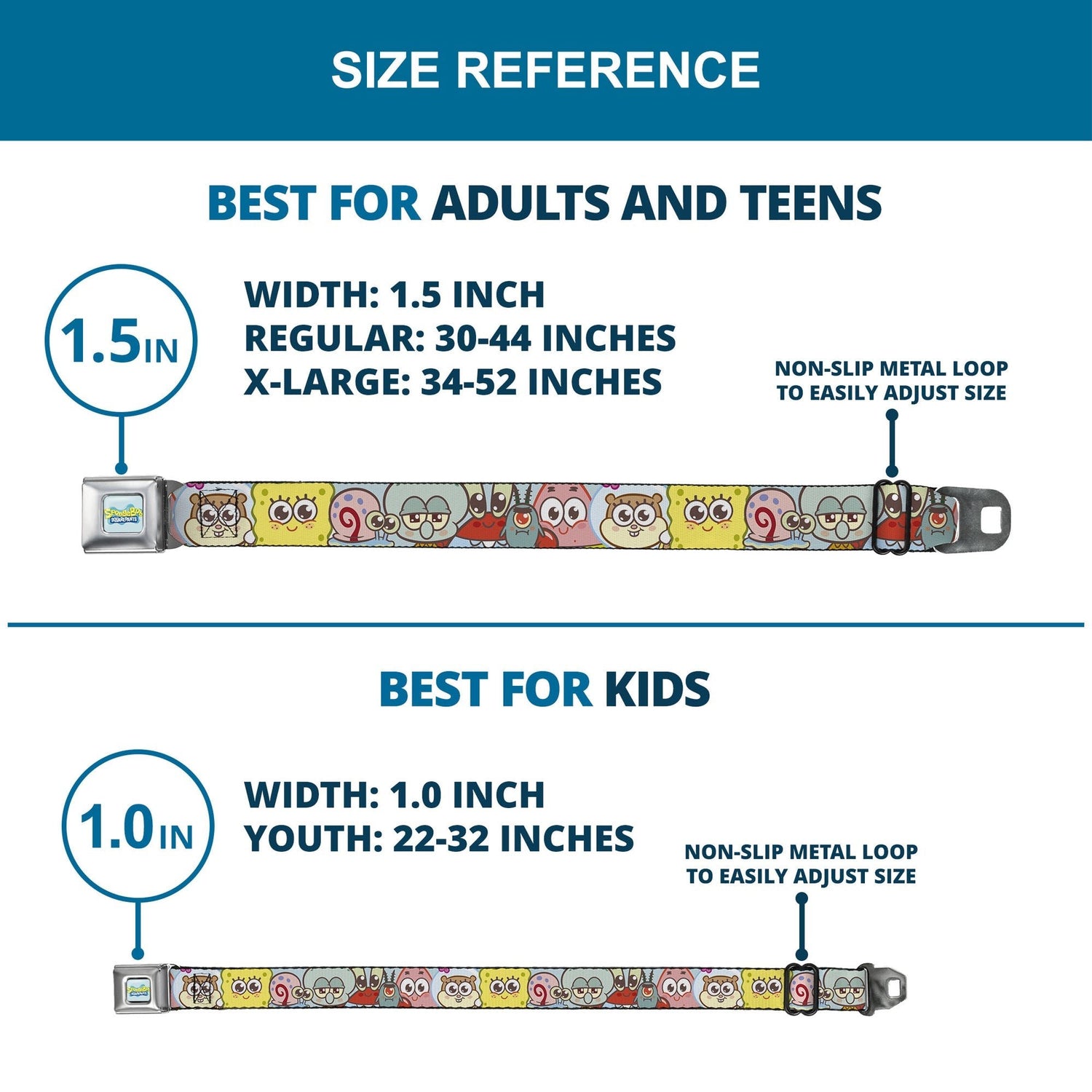 SpongeBob SquarePants Seatbelt Belt Title Logo & Friends Faces Full Color Light Blue Webbing - Paramount Shop