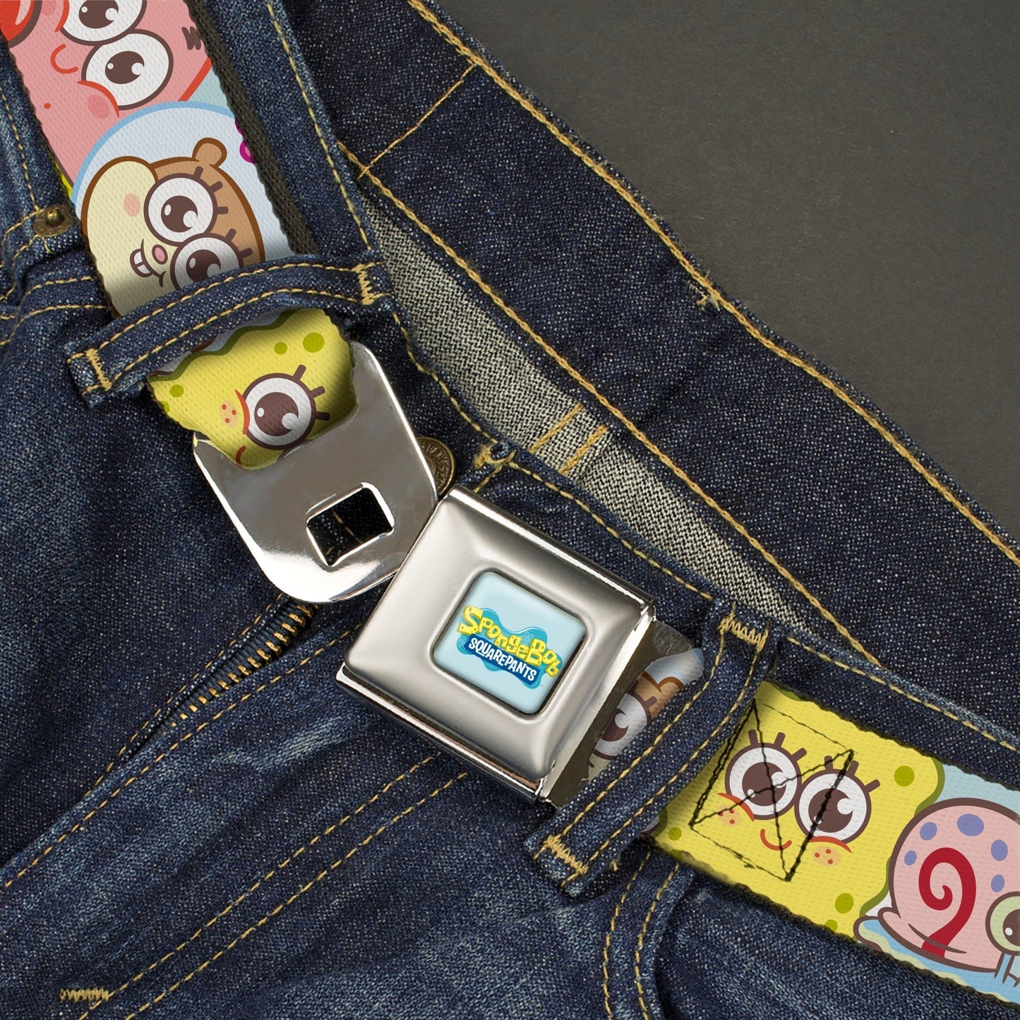 SpongeBob SquarePants Seatbelt Belt Title Logo & Friends Faces Full Color Light Blue Webbing - Paramount Shop
