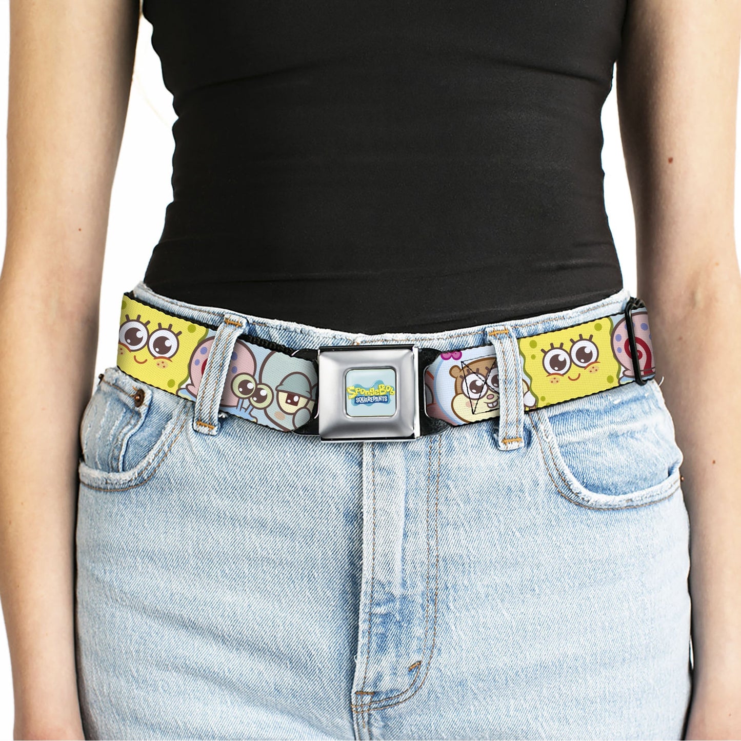 SpongeBob SquarePants Seatbelt Belt Title Logo & Friends Faces Full Color Light Blue Webbing - Paramount Shop