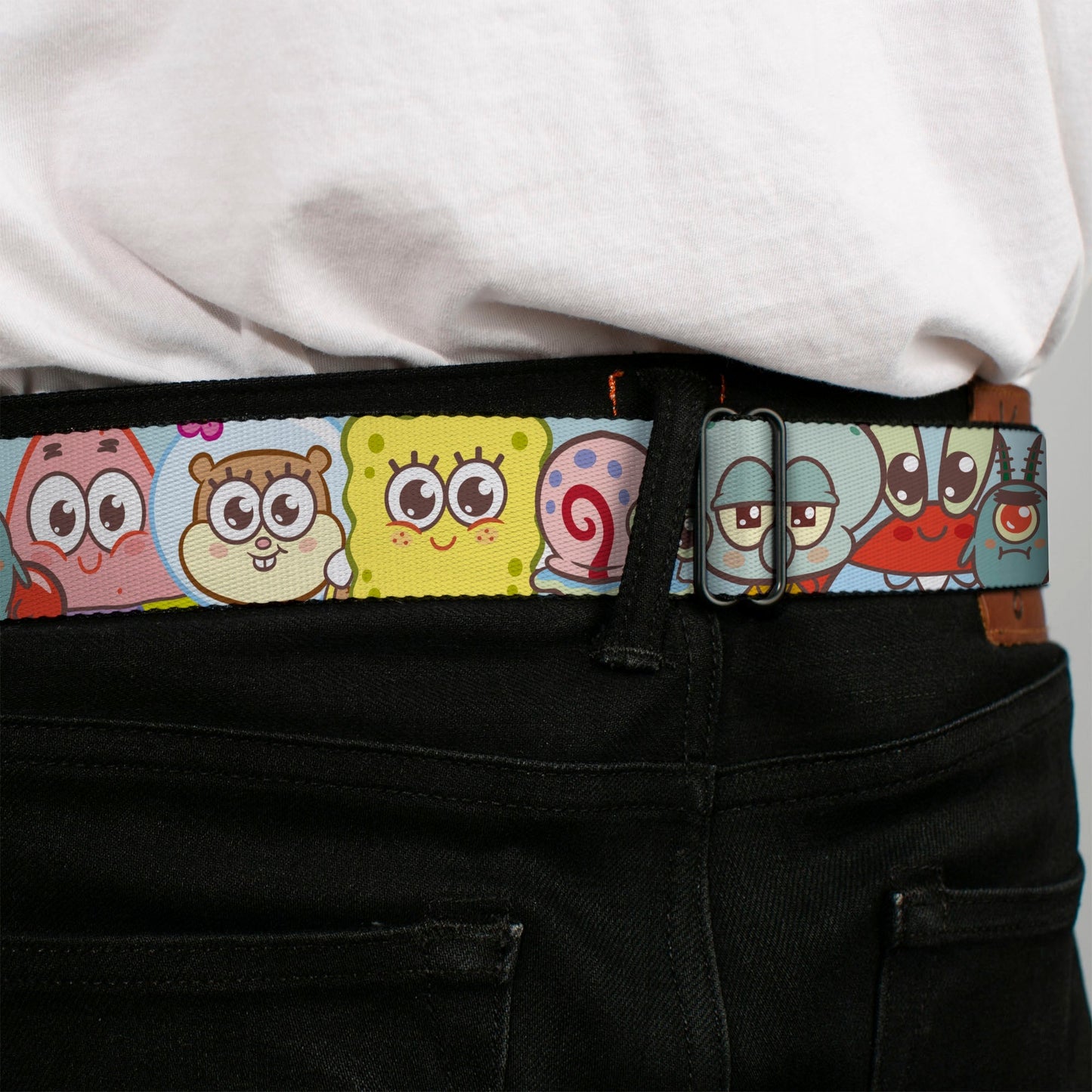 SpongeBob SquarePants Seatbelt Belt Title Logo & Friends Faces Full Color Light Blue Webbing - Paramount Shop