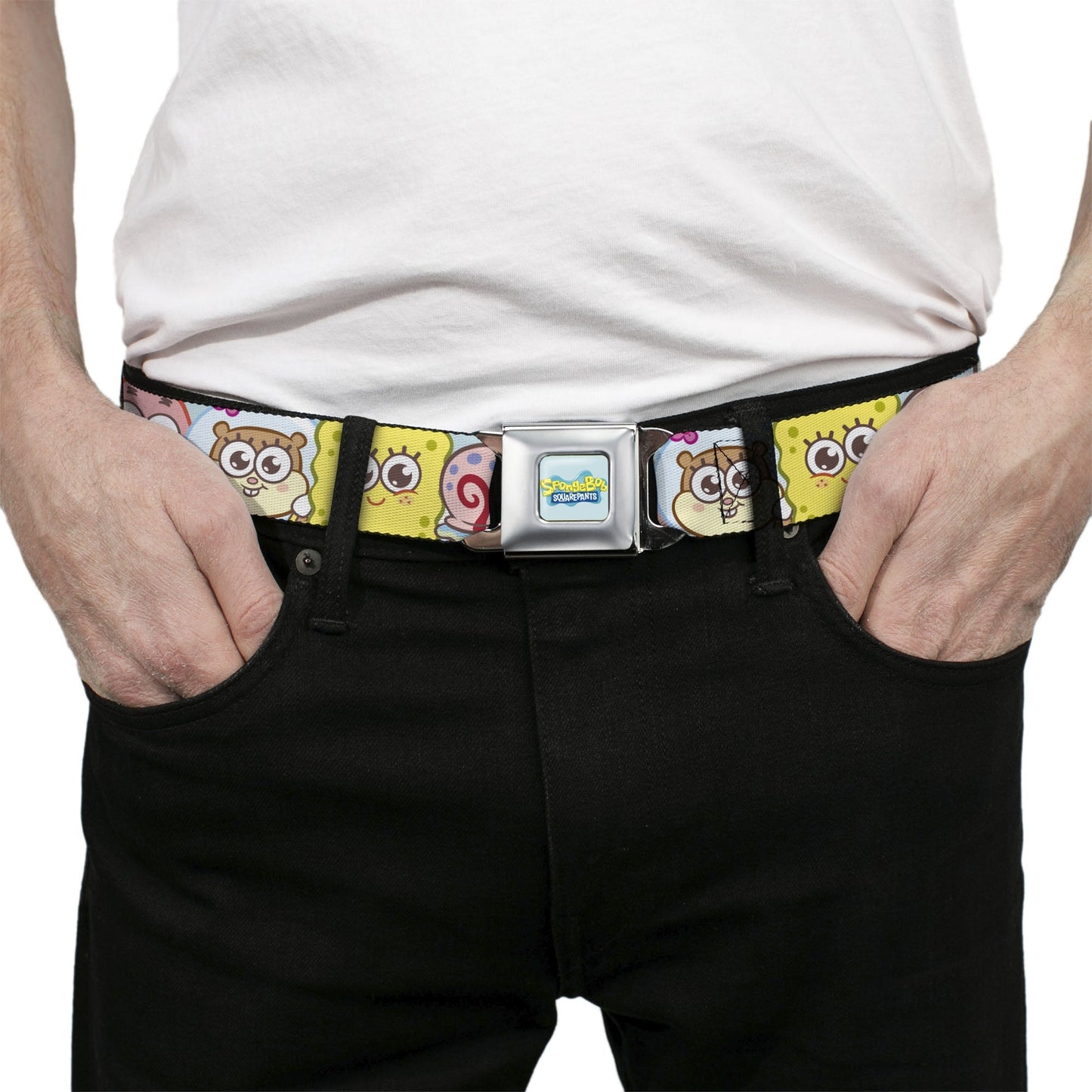 SpongeBob SquarePants Seatbelt Belt Title Logo & Friends Faces Full Color Light Blue Webbing - Paramount Shop