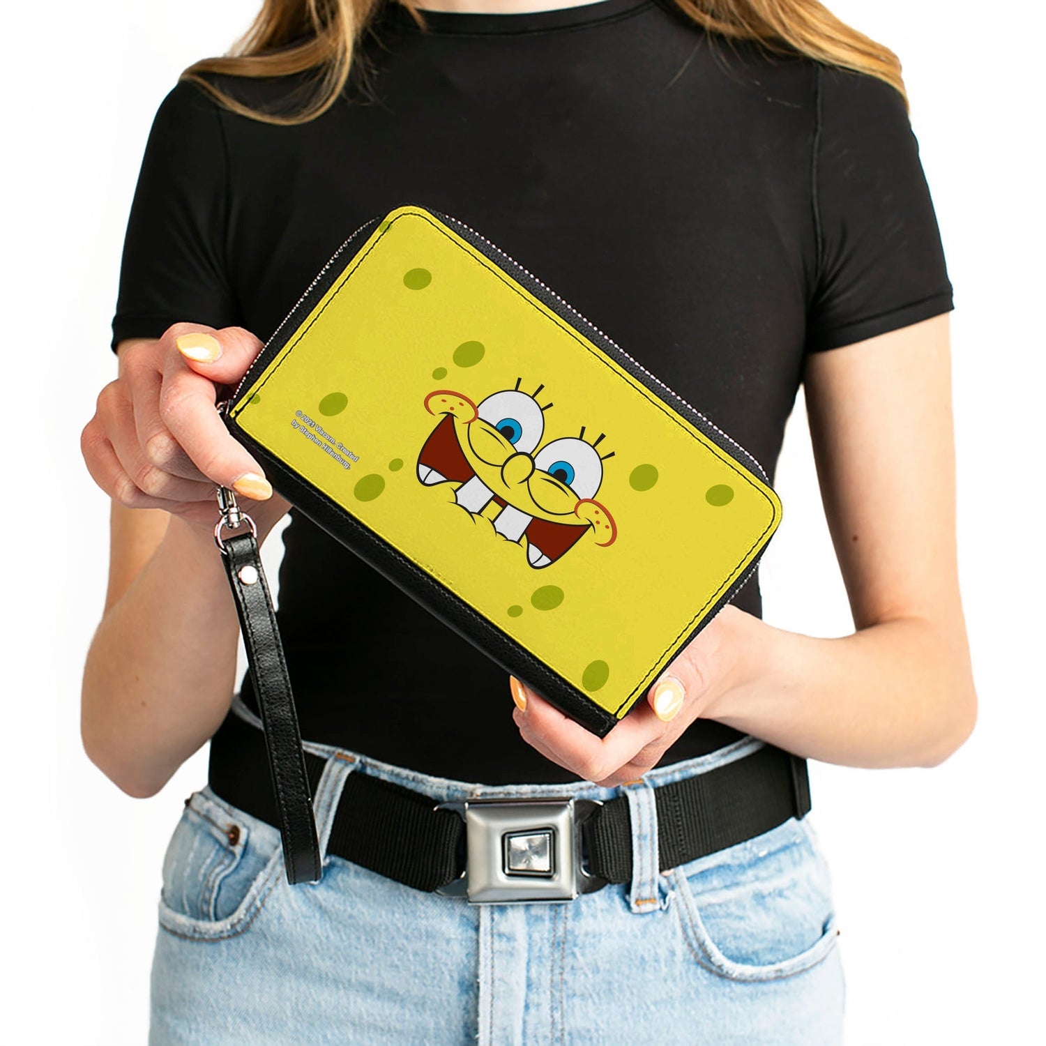 SpongeBob SquarePants Wallet Biting Lip Face Centered Zip Around Vegan Leather. - Paramount Shop