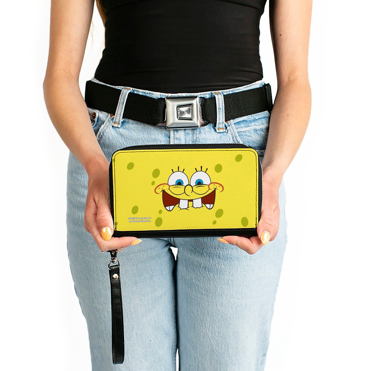 SpongeBob SquarePants Wallet Biting Lip Face Centered Zip Around Vegan Leather. - Paramount Shop