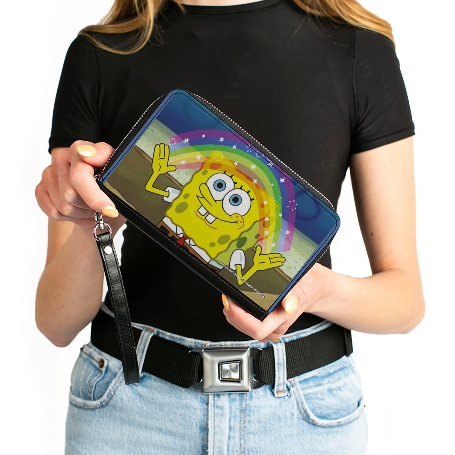 SpongeBob SquarePants Wallet Imagination Smiling Rainbow Pose Zip Around Vegan Leather - Paramount Shop